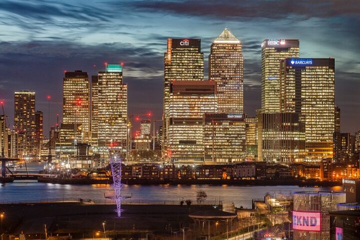 Canary Wharf skyline at twilight, perfect for corporate events and conferences.