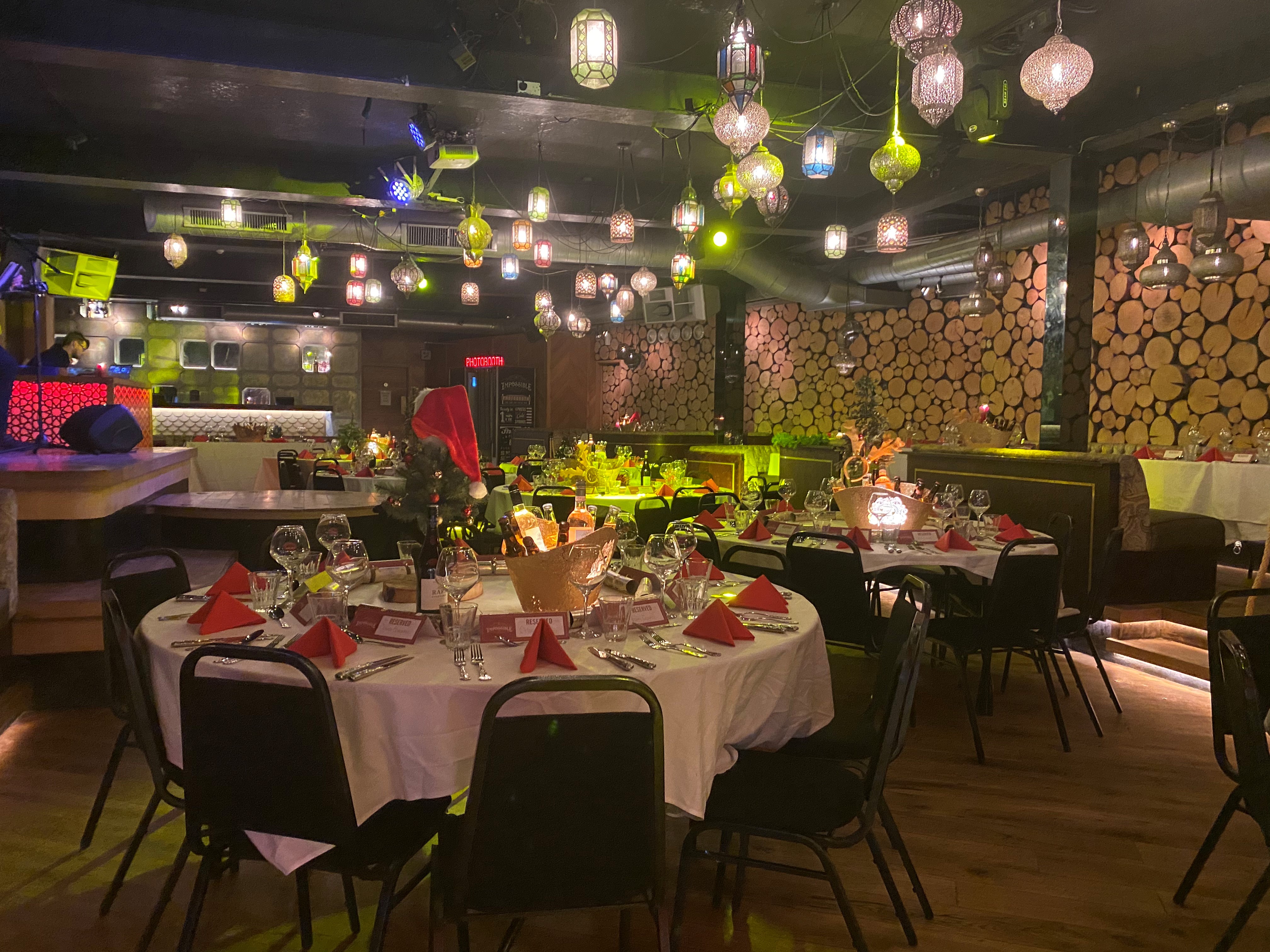 Elegant dining space at Impossible Theatre, perfect for corporate events and holiday parties.