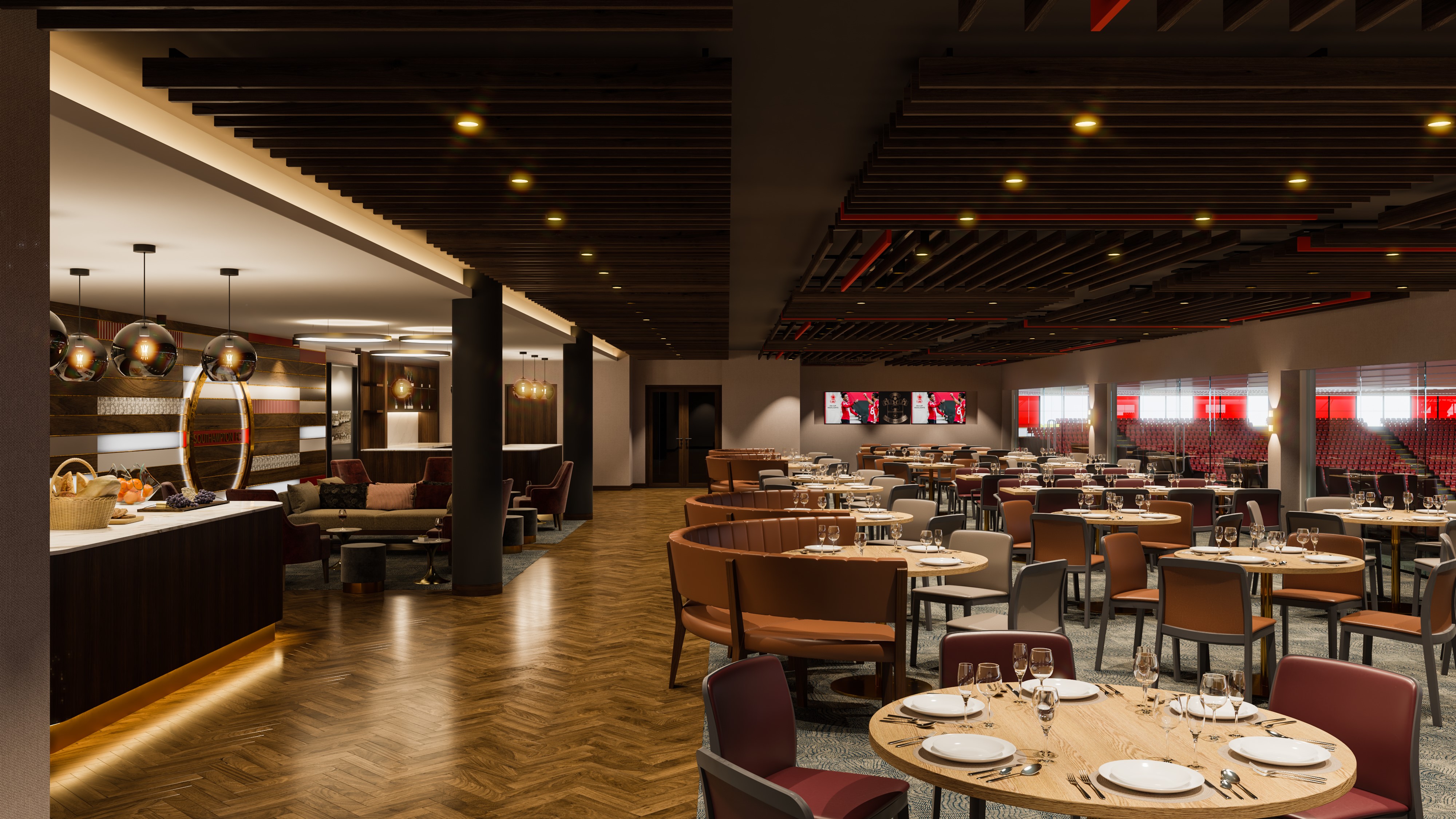 Modern dining area in Halo Lounge, Southampton FC for events and gatherings.