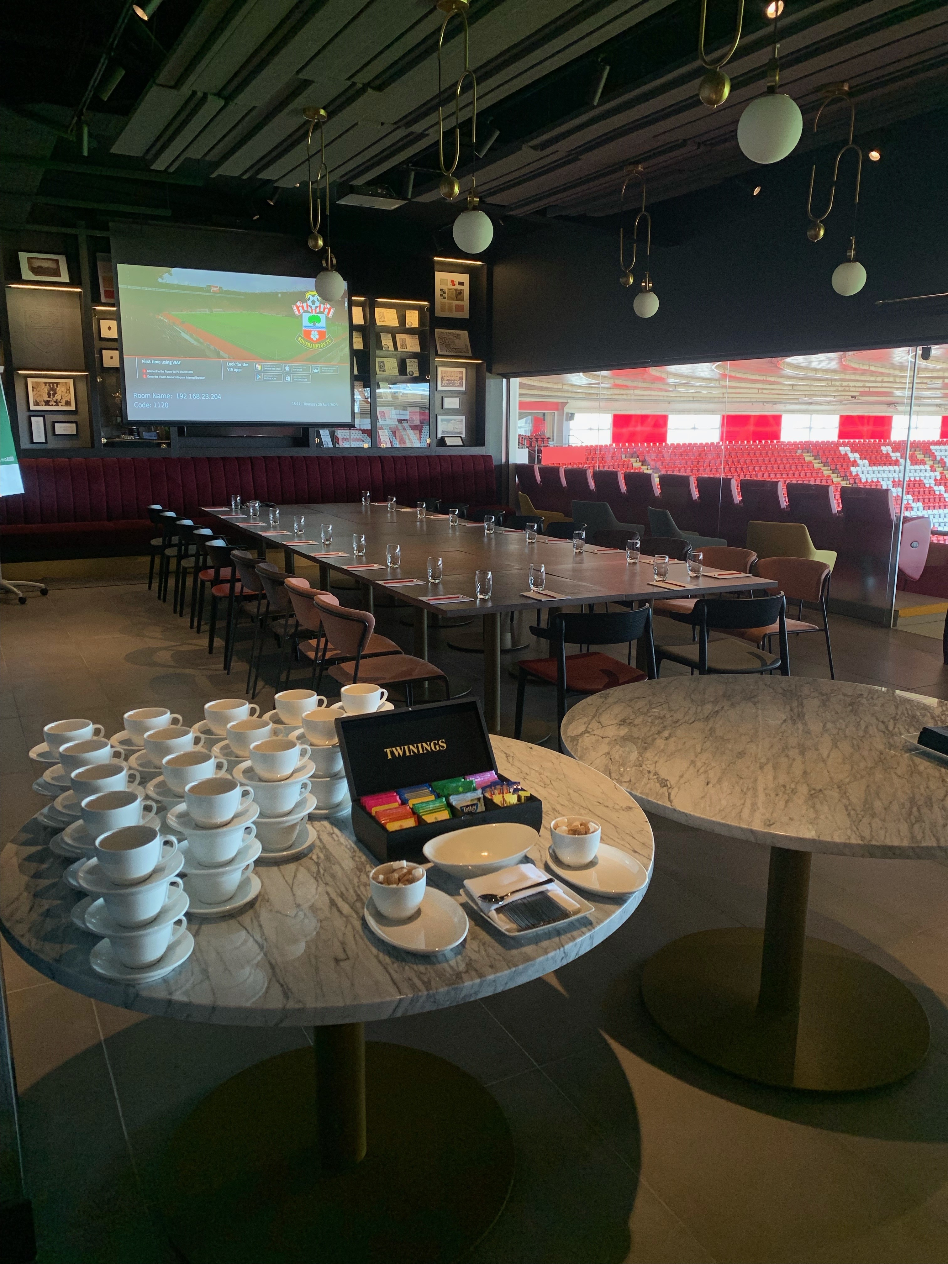 "Conference room at Southampton FC with long table, ideal for corporate events and team-building."