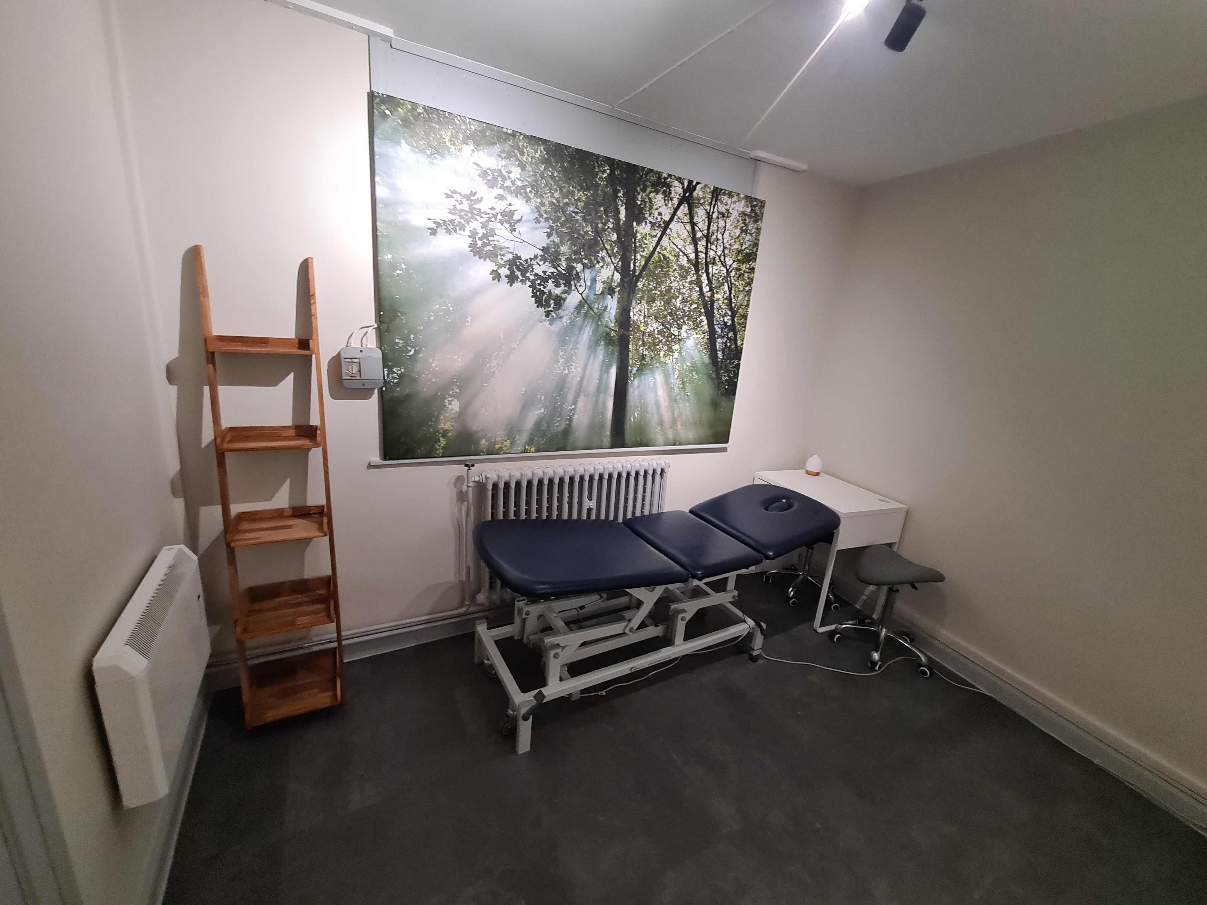 Serene wellness treatment room with massage table for rejuvenating retreats and events.