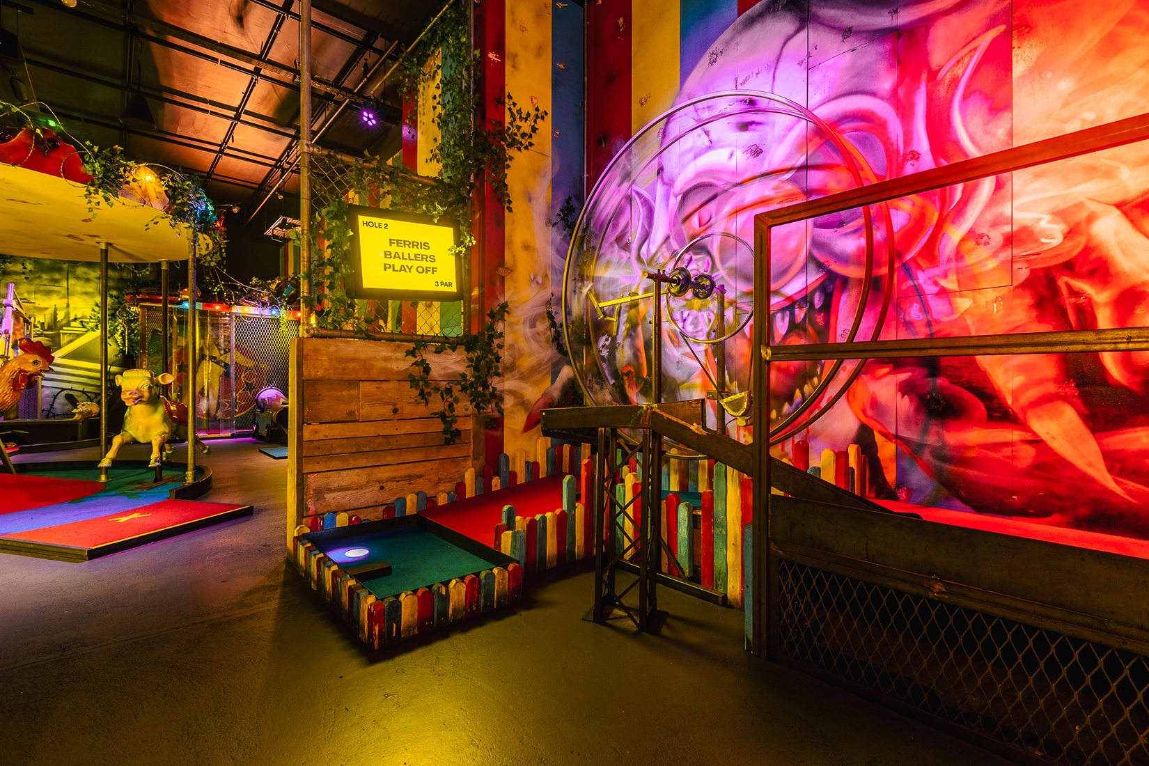 Bozo at Junkyard Golf Club, vibrant venue for unique events and team-building activities.