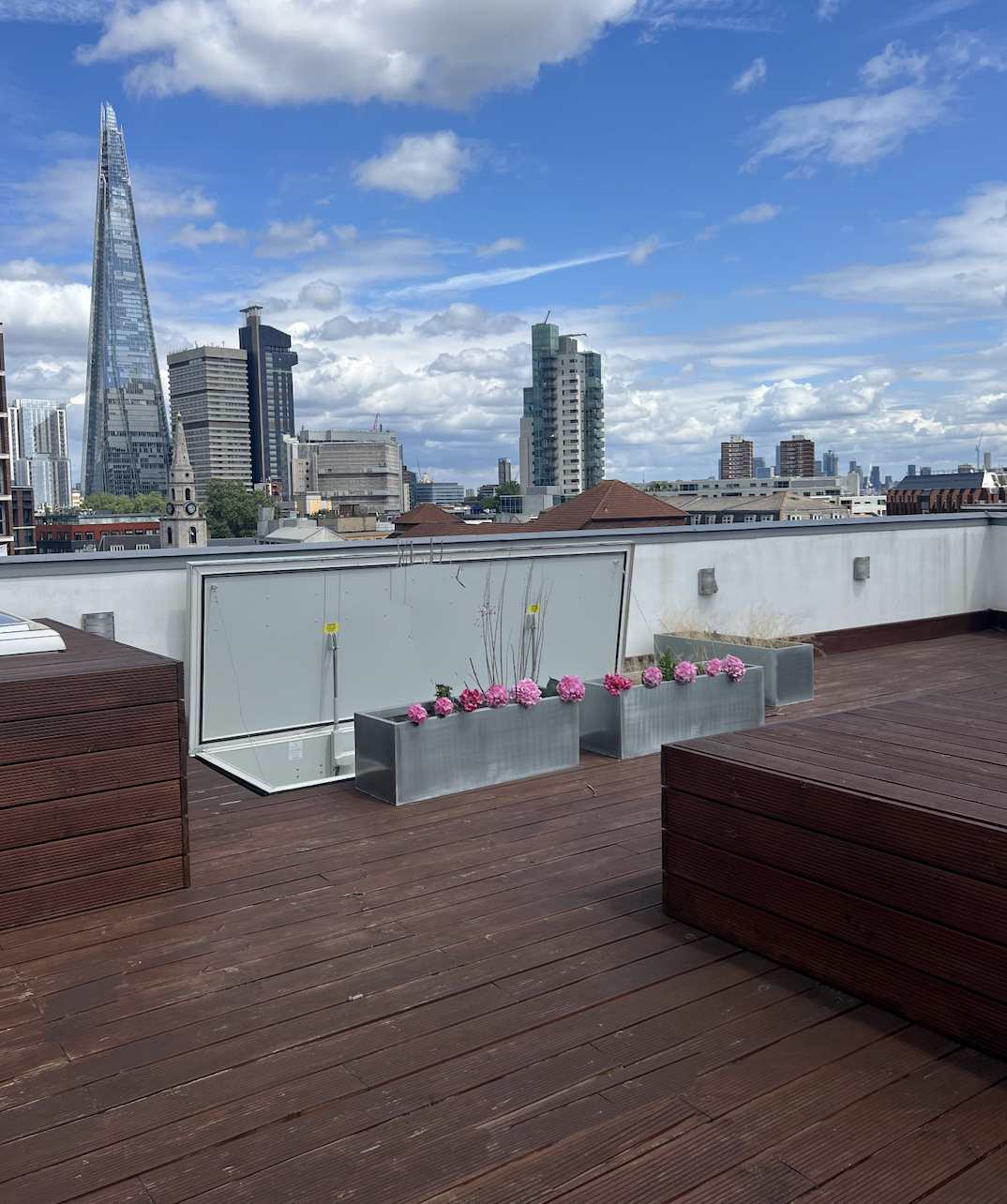 Stylish London penthouse rooftop with flowers, ideal for cocktail receptions and networking events.
