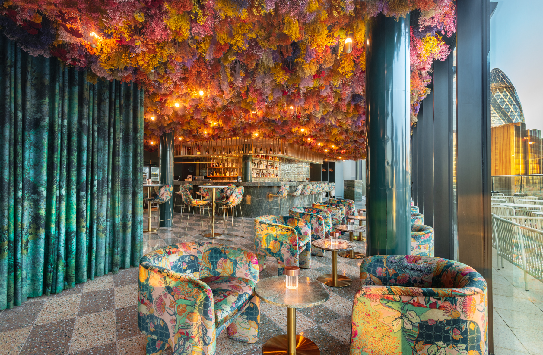 Florattica Rooftop London with floral ceiling, perfect for networking events and cocktail receptions.