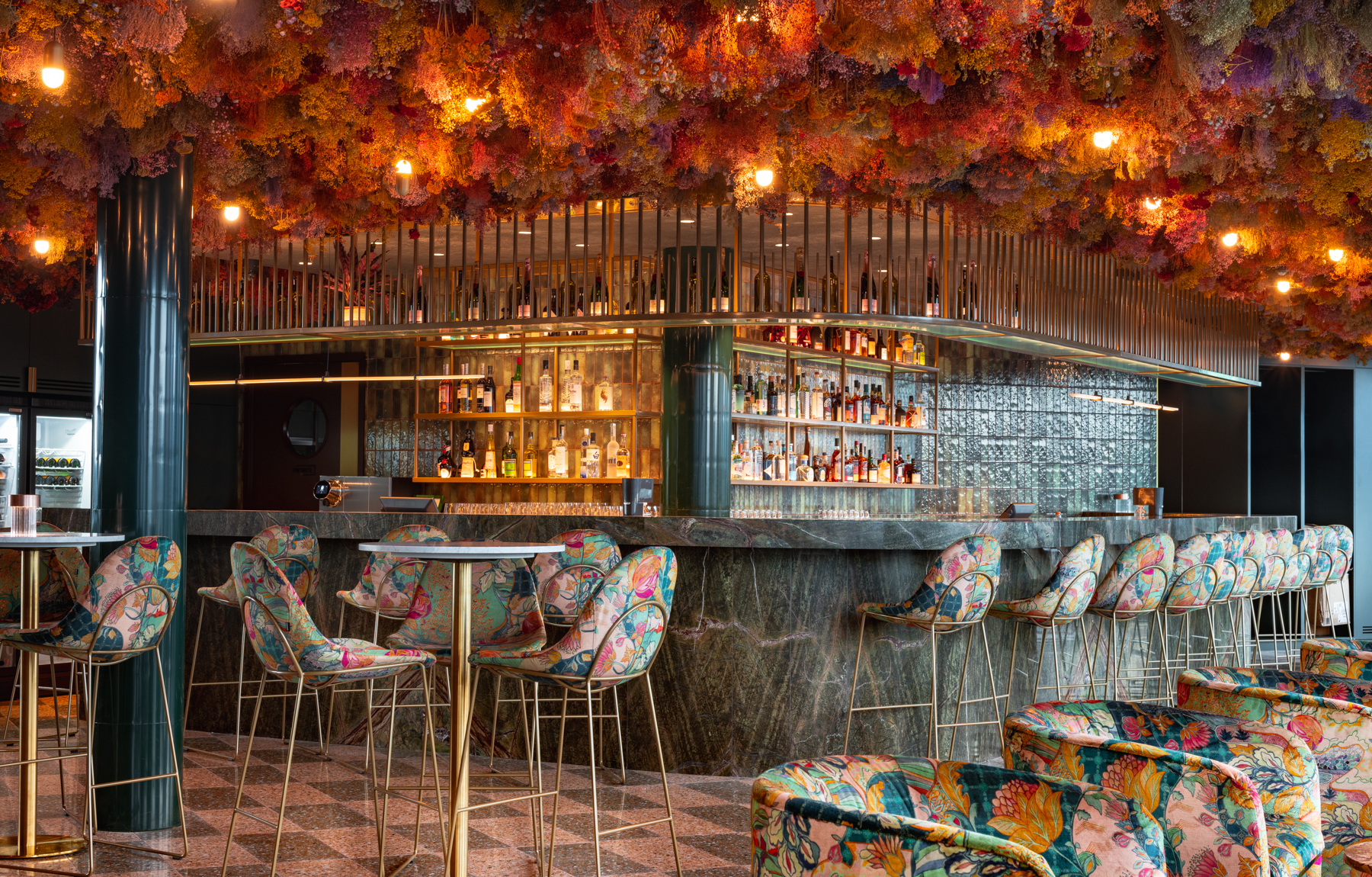 Florattica Rooftop bar in London with floral ceiling, perfect for cocktail receptions.