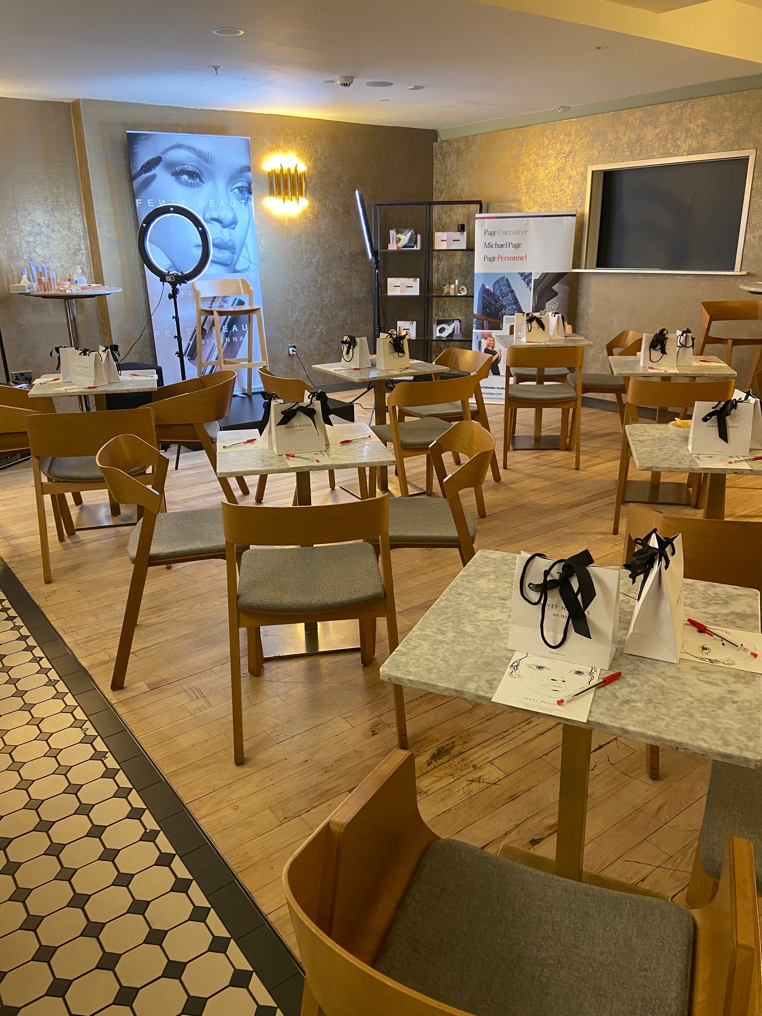 Intimate meeting space at Fourth Floor Bar, Leeds with personalized gift bags for events.