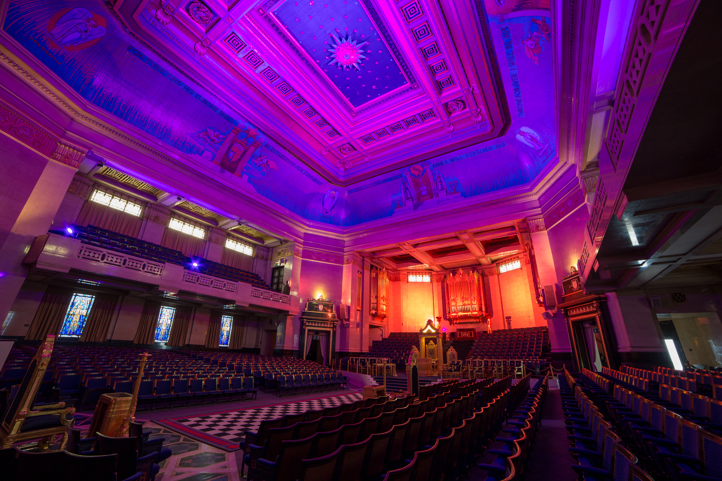 Grand Temple at Freemasons' Hall, ornate ceiling, ideal for conferences and gala events.
