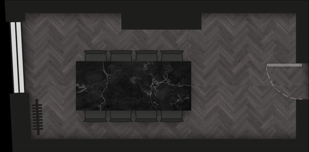 Modern conference room at The Blackwell, featuring a black marble table and ergonomic chairs.