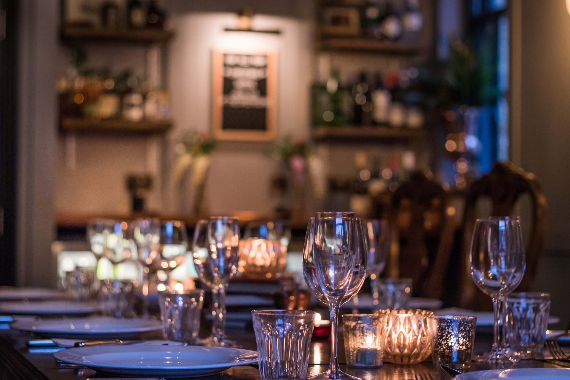Elegant dining table in The Greyhound Private Function Room for corporate dinners and gatherings.