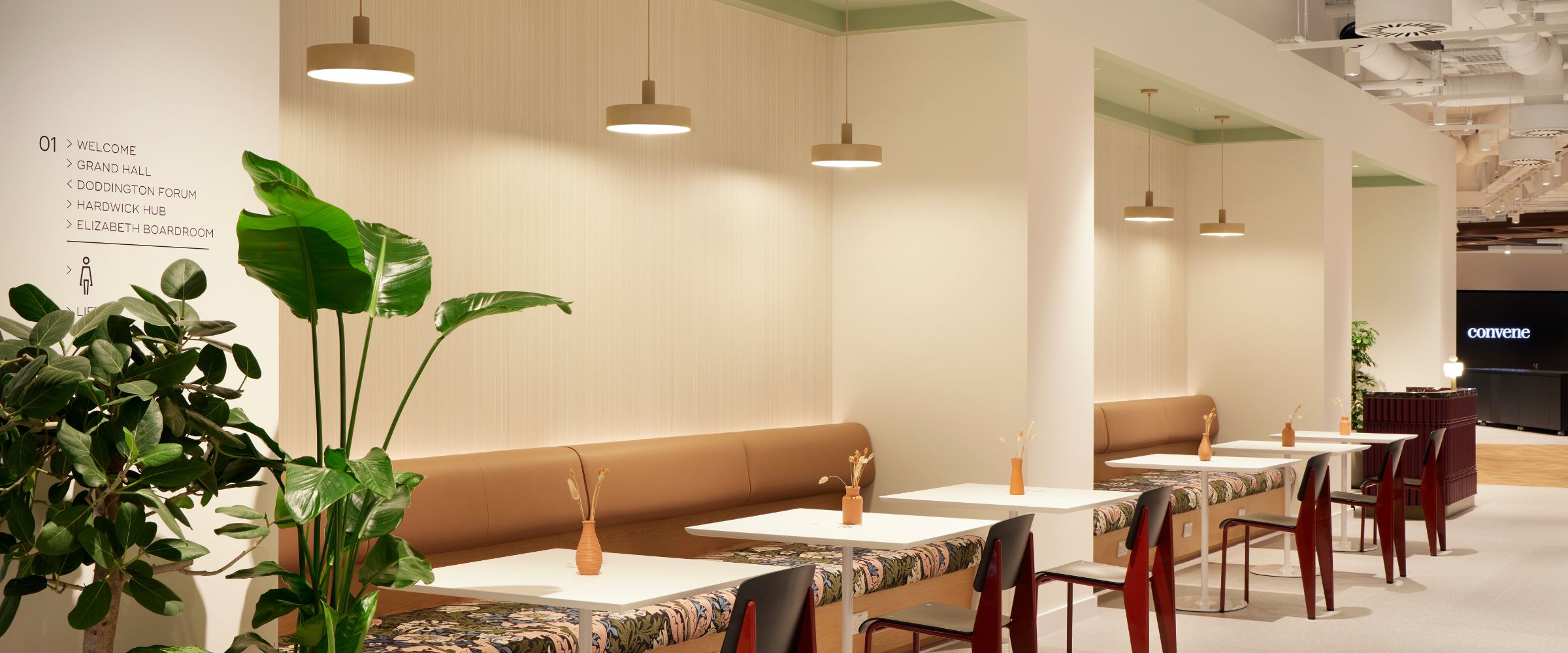 Modern dining space at Convene Sancroft, ideal for networking events and meetings.