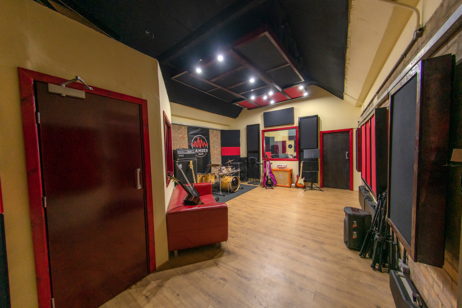 Recording studio in Camden Records with acoustic panels, ideal for creative workshops.