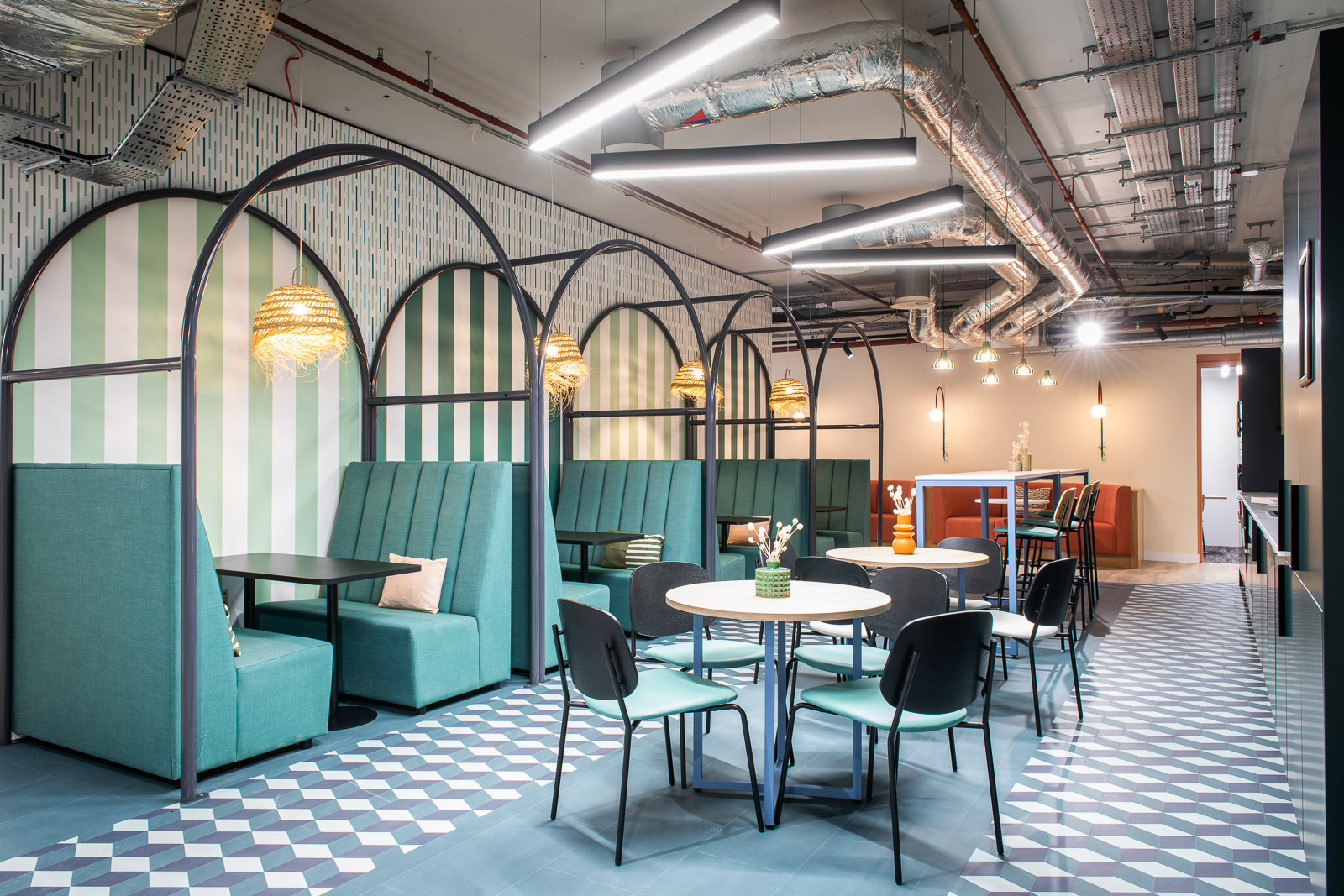 Brighton Event Space with modern booth seating for meetings and networking events.