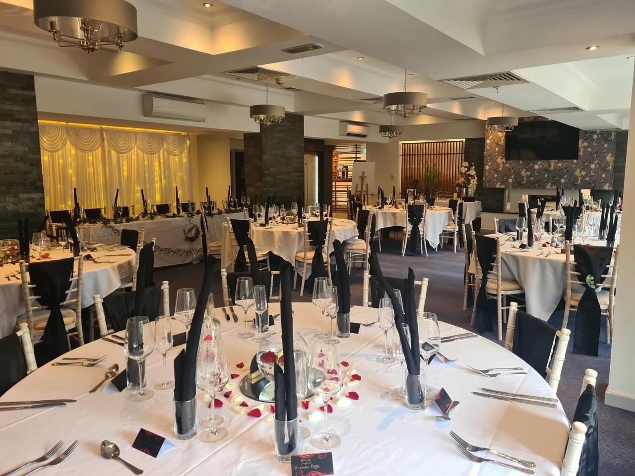 Elegant banquet hall at Meon Valley Hotel, perfect for weddings and corporate events.
