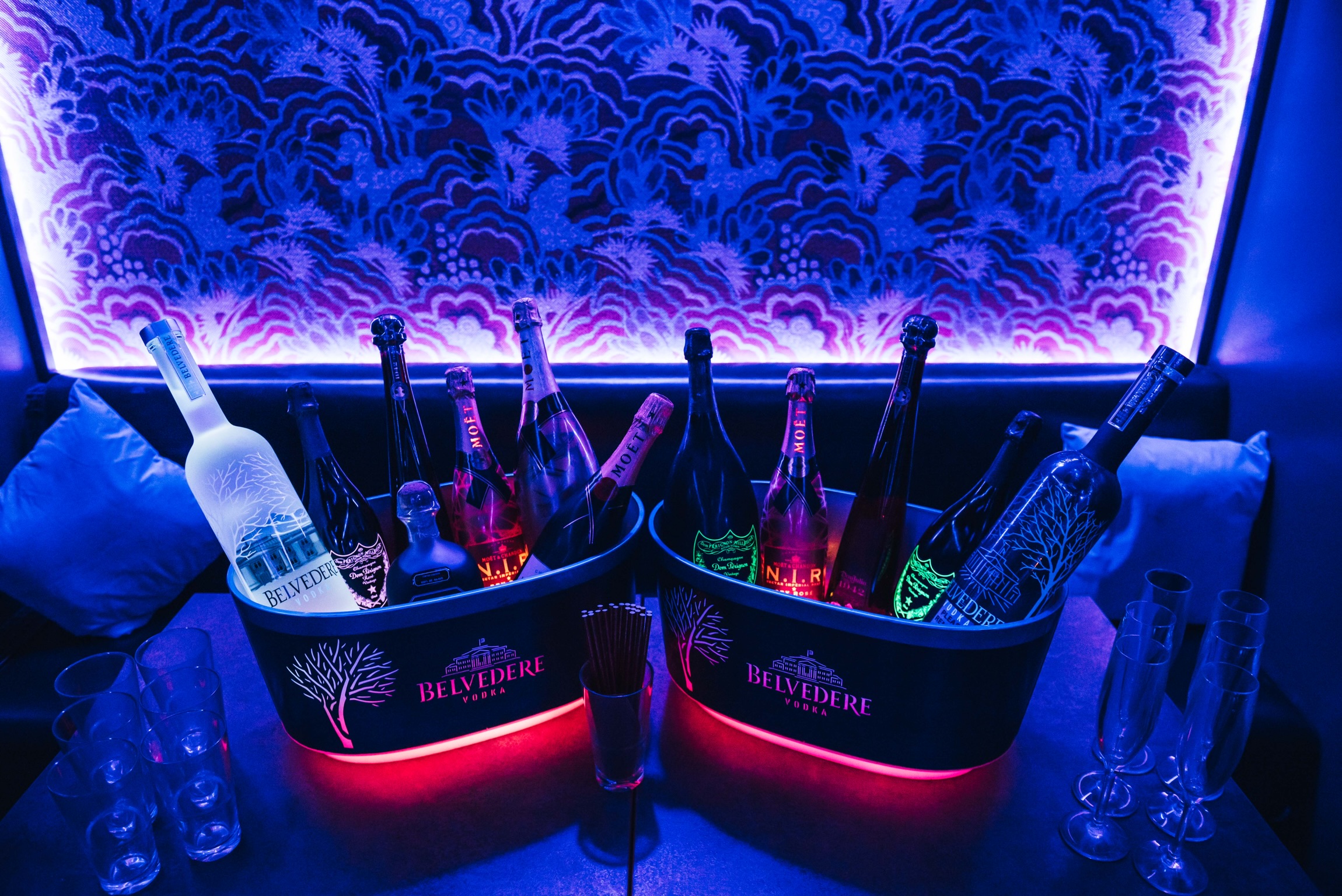 Vibrant Club Royale London setup with ice buckets for upscale parties and corporate events.