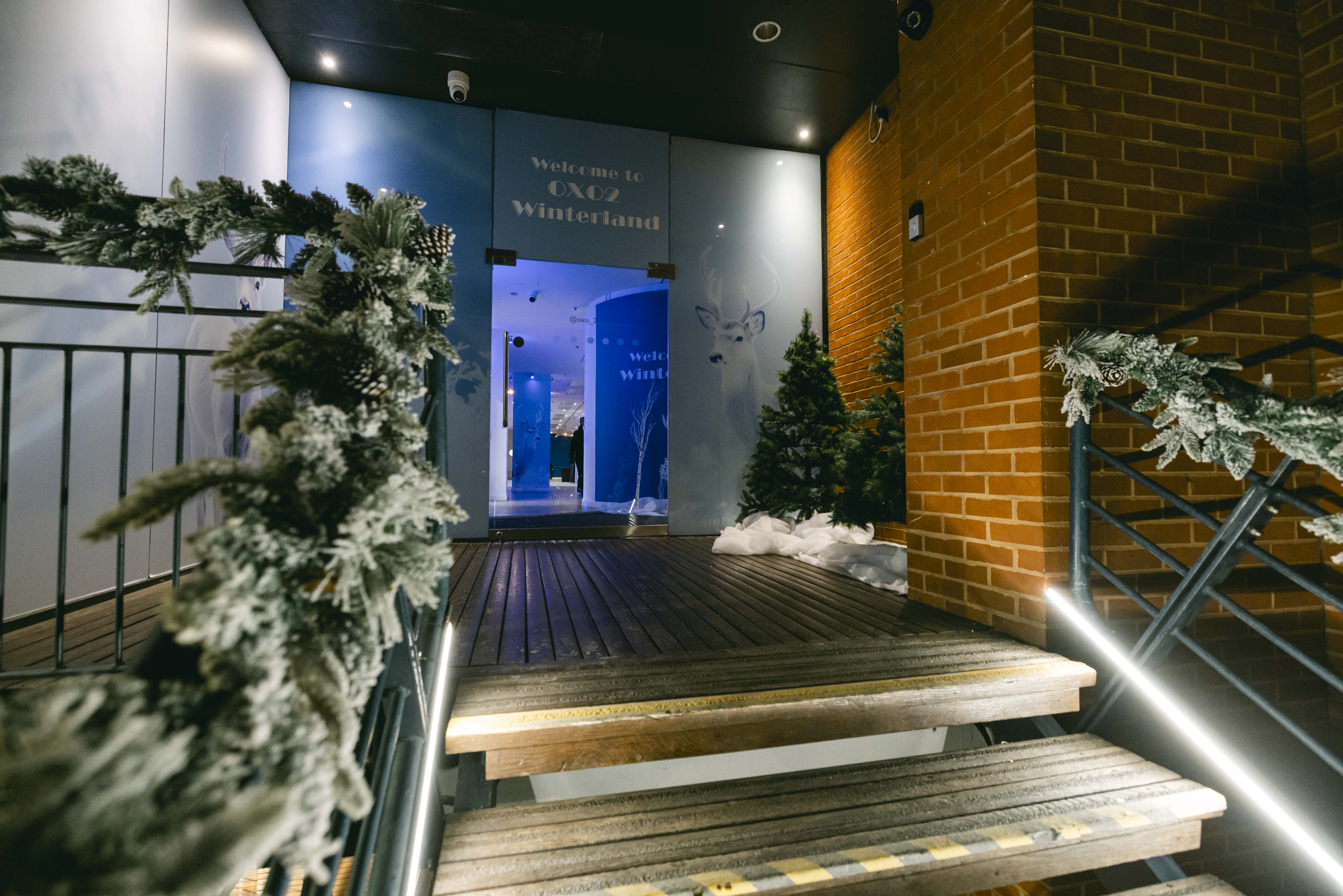 Winterland Christmas entrance with frosted trees, perfect for seasonal events.