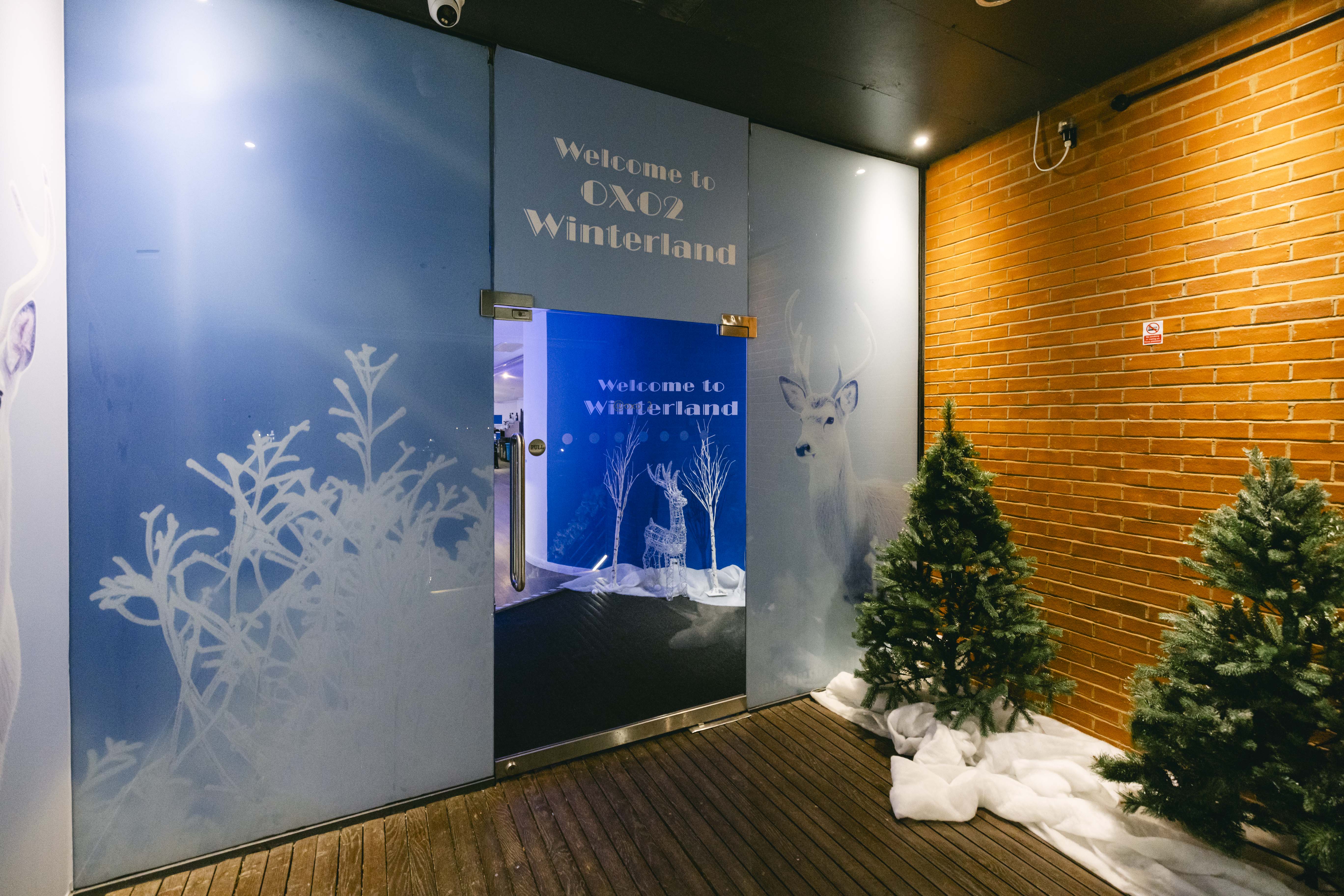 Winterland Christmas entrance with frosty decor and festive trees for a magical event.