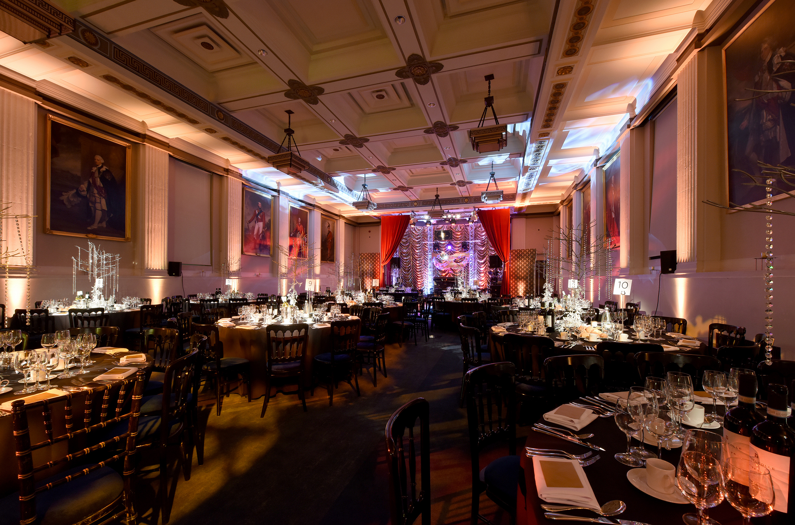 Elegant banquet hall in Freemasons' Hall, ideal for corporate events and social gatherings.