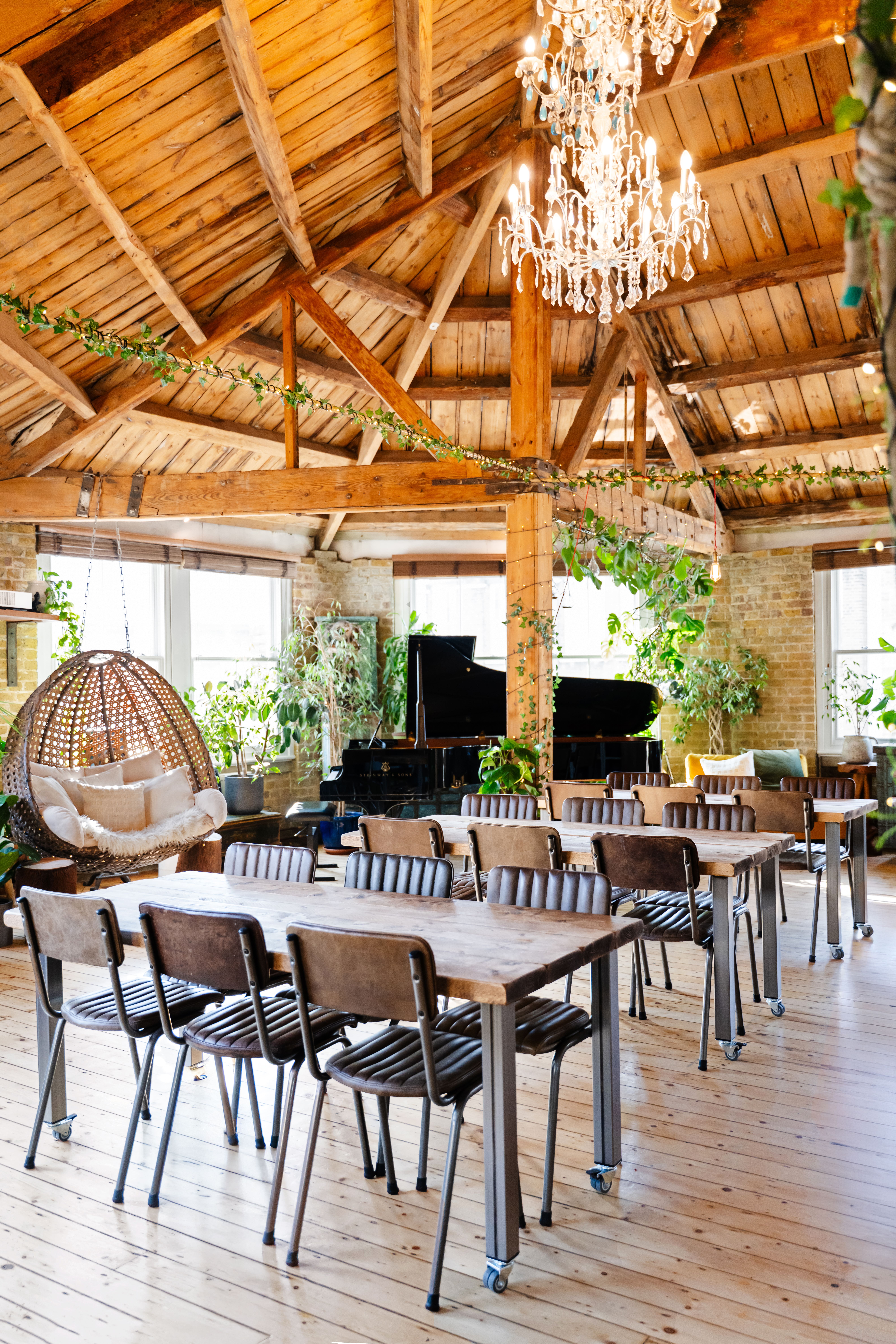 "Shoreditch Treehouse venue with rustic beams, ideal for workshops and gatherings."