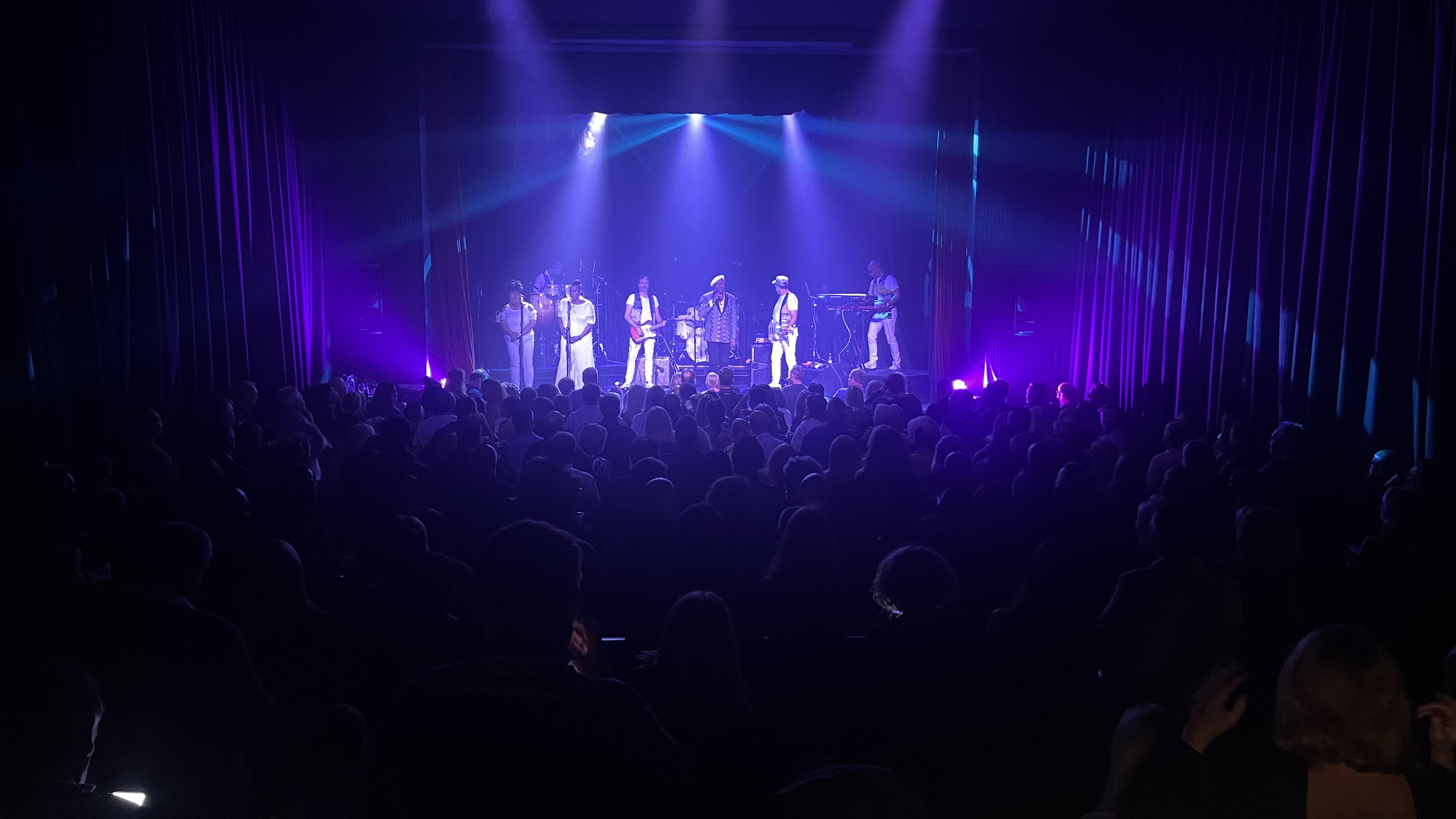 Vibrant live performance at Esher Theatre with dynamic lighting and engaged crowd.