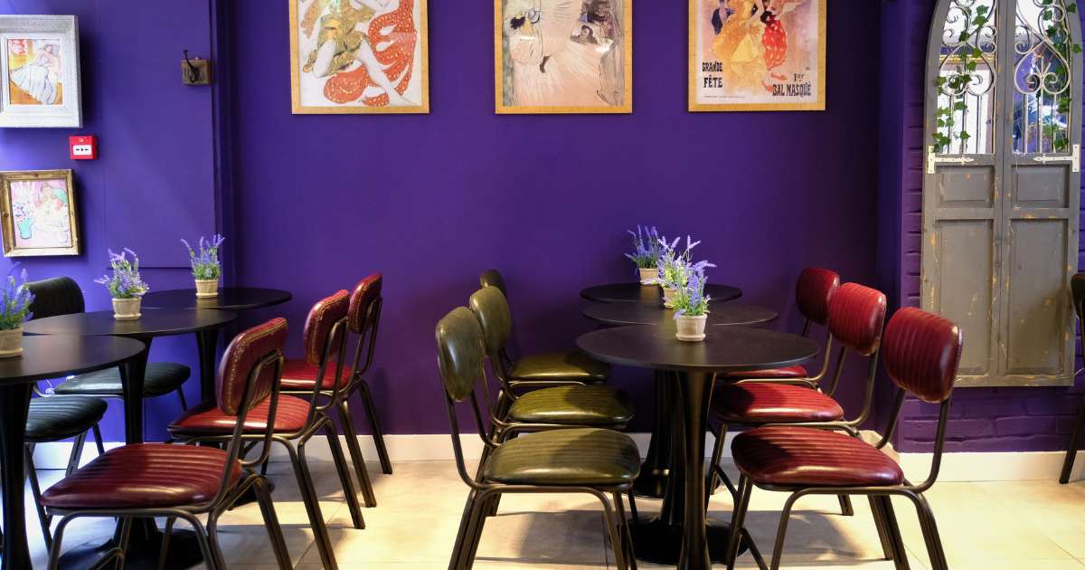 Whole Venue Exclusive Hire at Angéliques Wine House, vibrant purple wall, ideal for meetings.