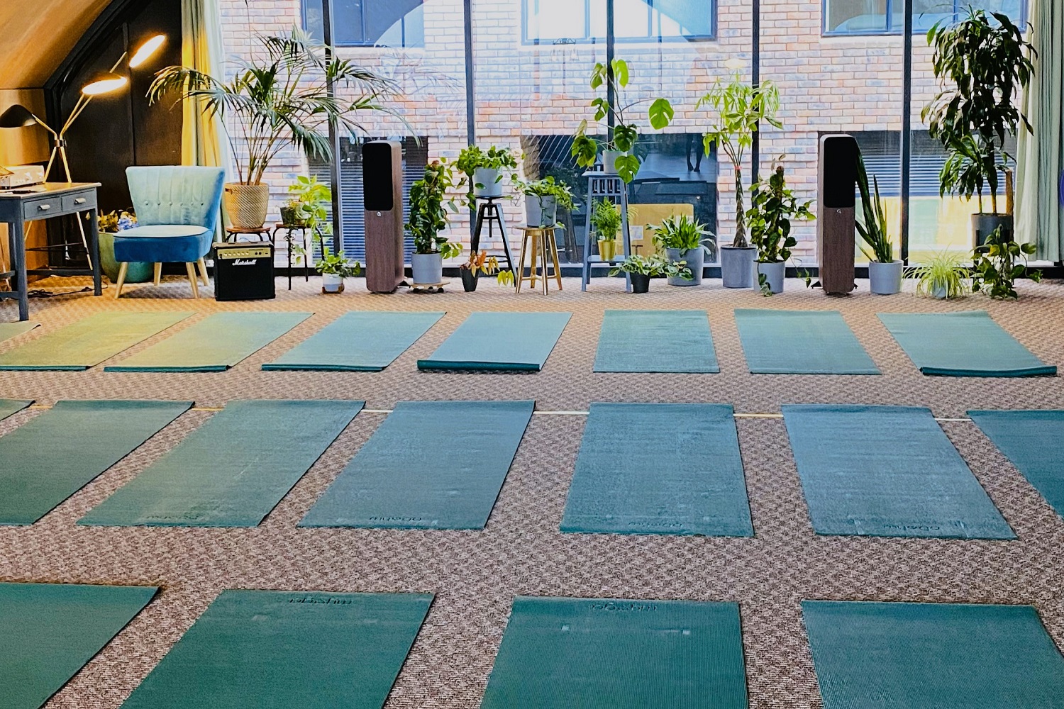 Serene wellness studio with yoga mats and natural light for relaxation events.
