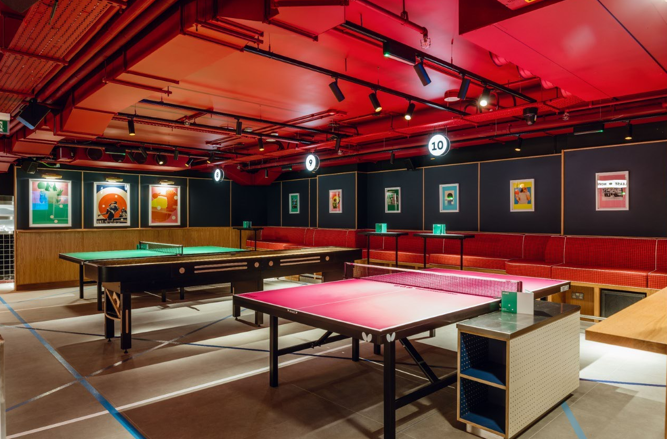 Modern conference space with colorful decor for creative meetings and networking events.