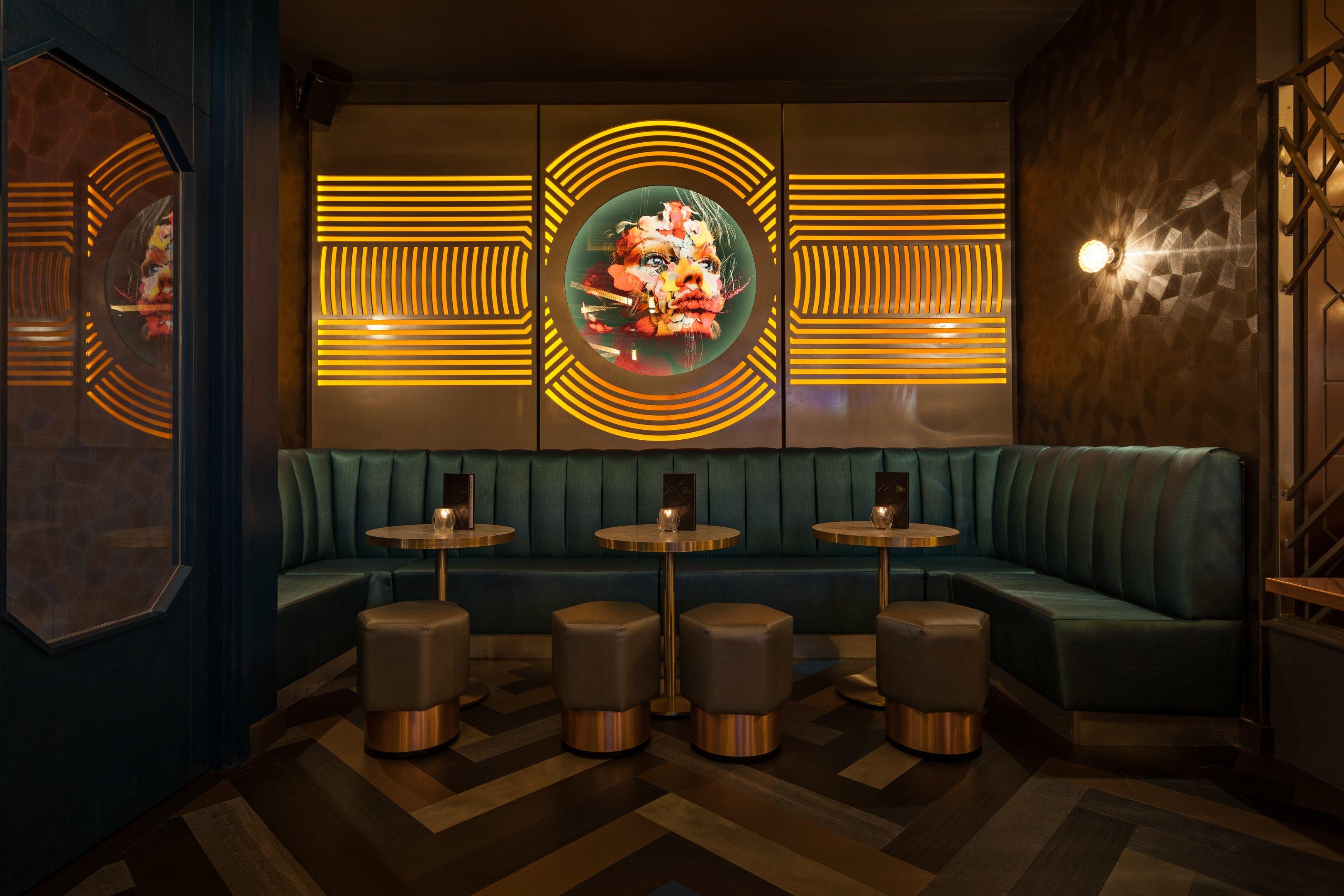 Ground Floor Bar in Dirty Martini Manchester, modern lounge with plush seating for networking events.
