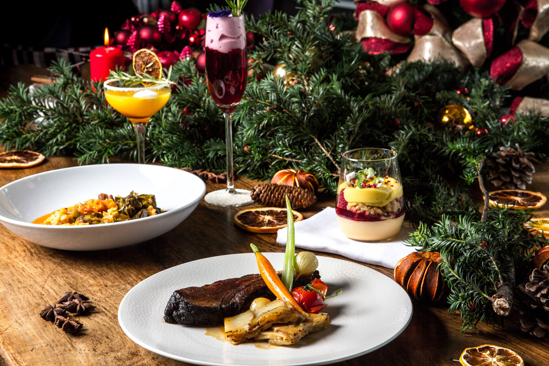 New Year's Eve dining setup at Searcys, featuring gourmet dishes and festive decor.