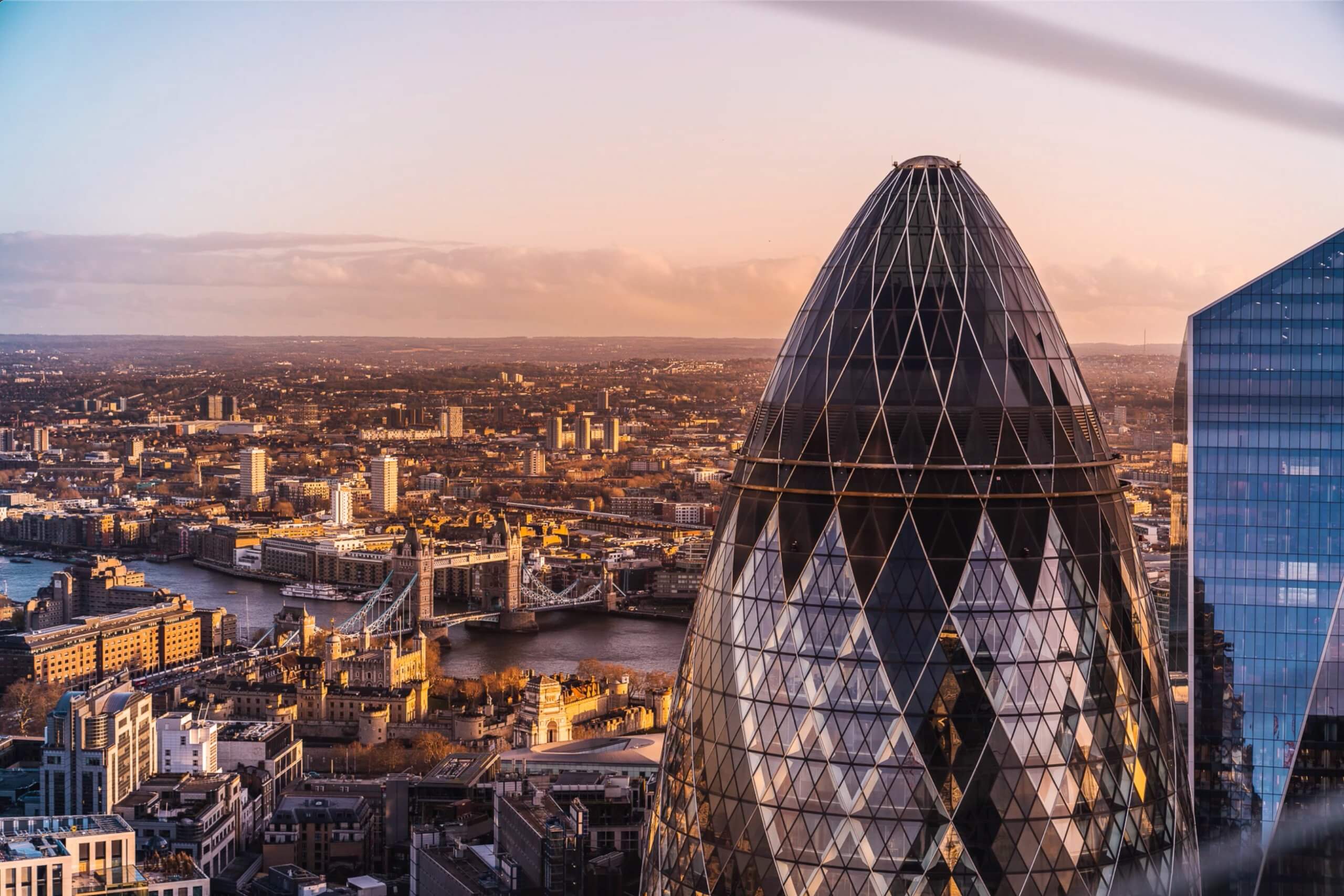 Aerial view of London's skyline with the Gherkin for New Year's Eve corporate events.