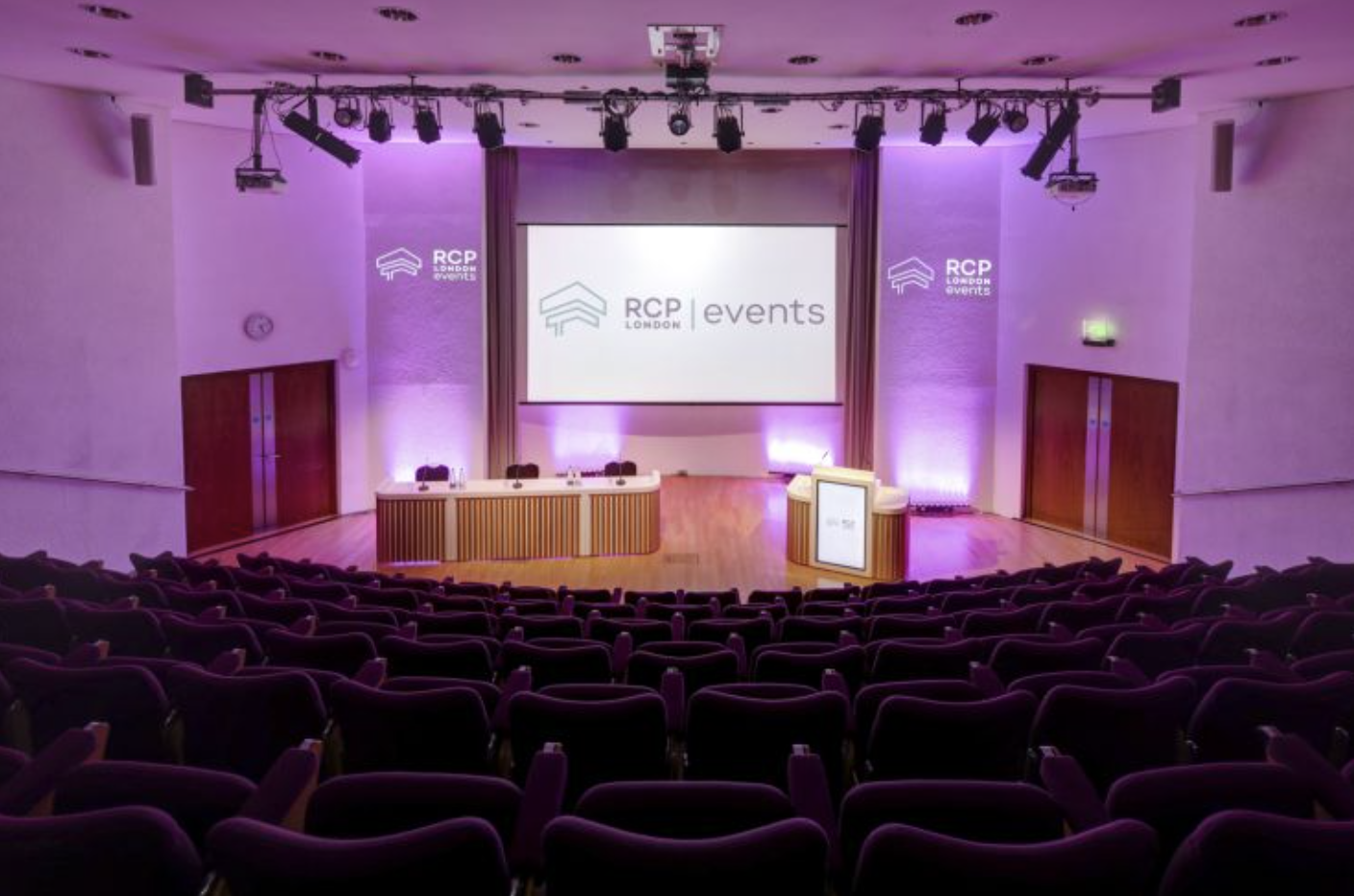Wolfson Theatre at RCP London: modern conference room with tiered seating and podium.