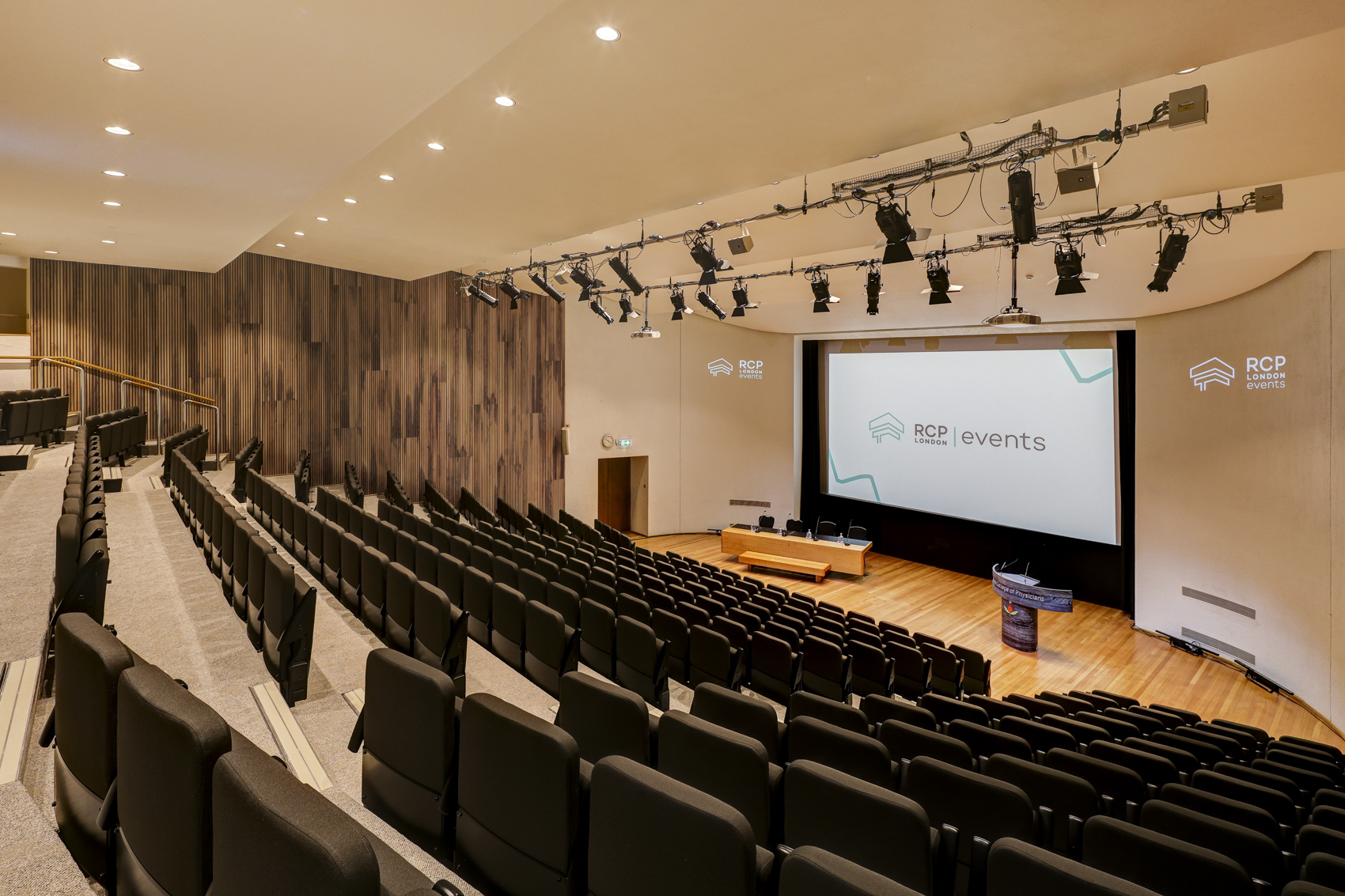 Wolfson Theatre at RCP London, modern conference room with tiered seating for events.