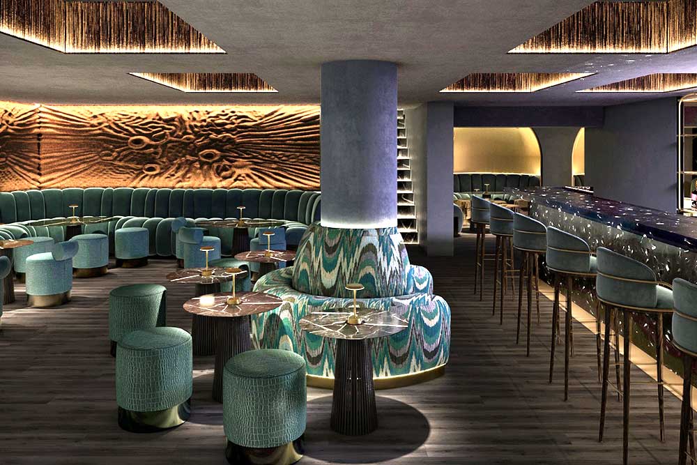 Stylish event space in Viajante with plush seating for networking and cocktail receptions.