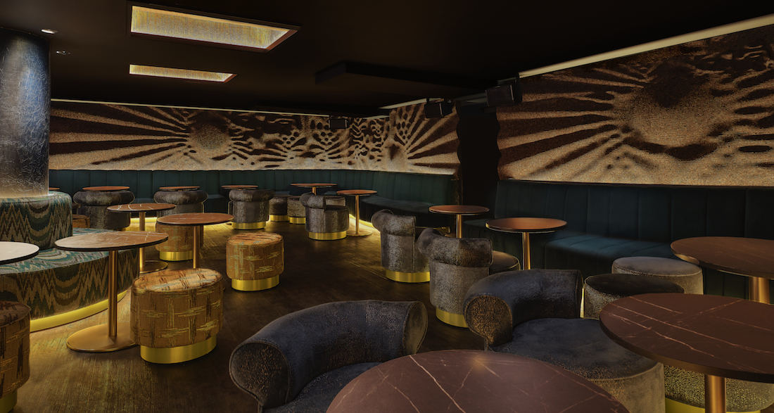 Stylish modern event space in Viajante with plush seating for gatherings and networking.