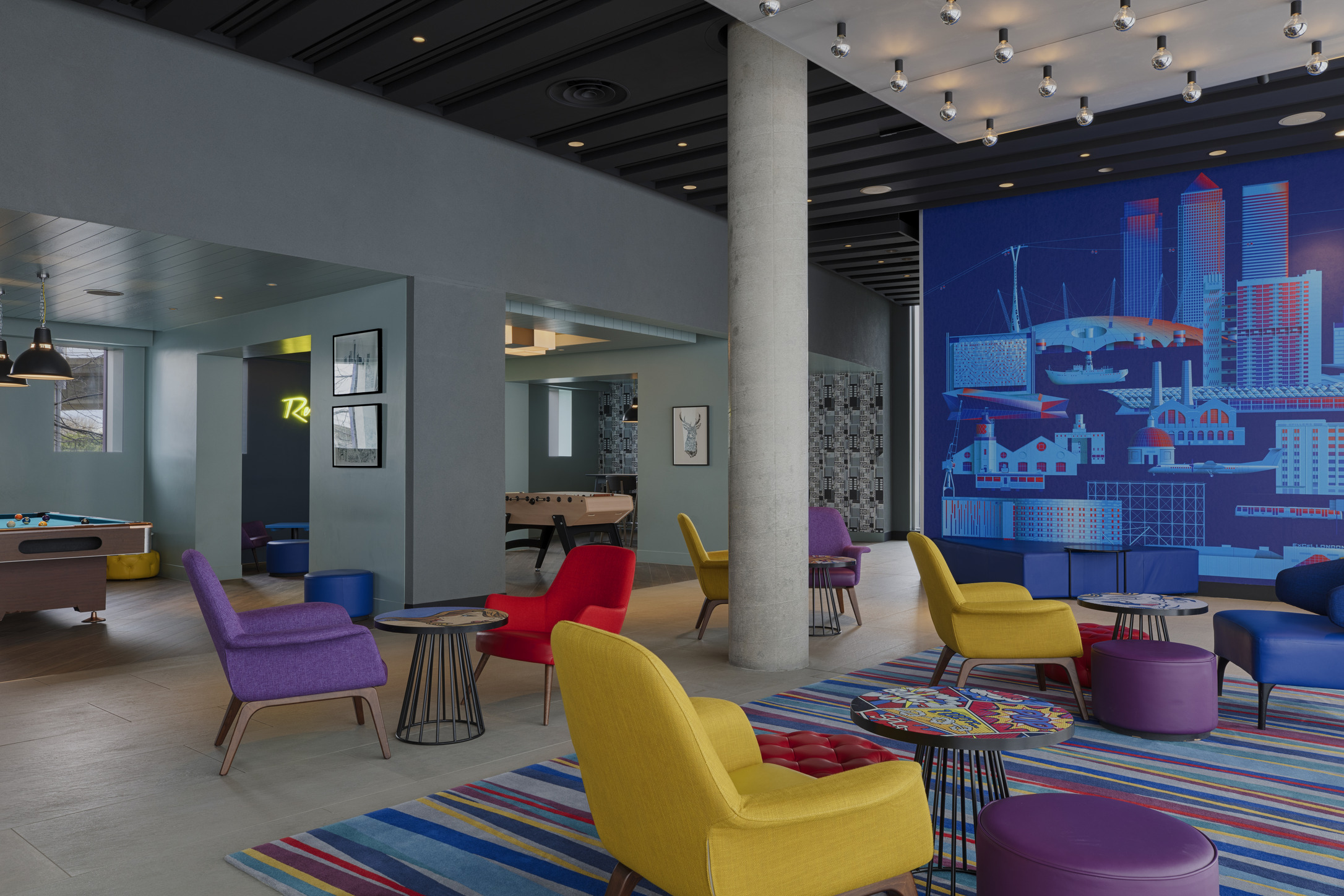 Vibrant lounge at WXYZ bar, ideal for networking events and casual meetings.