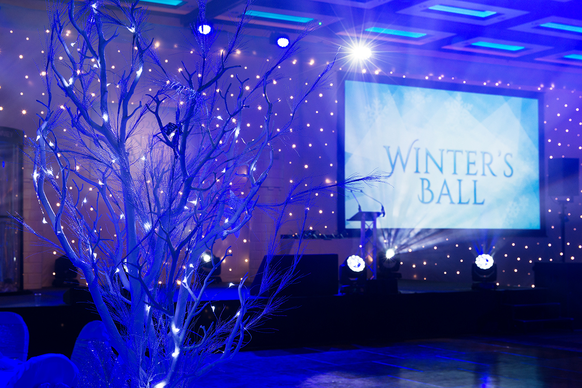London Suite Christmas Party with elegant lighting and festive decor for a Winter's Ball.