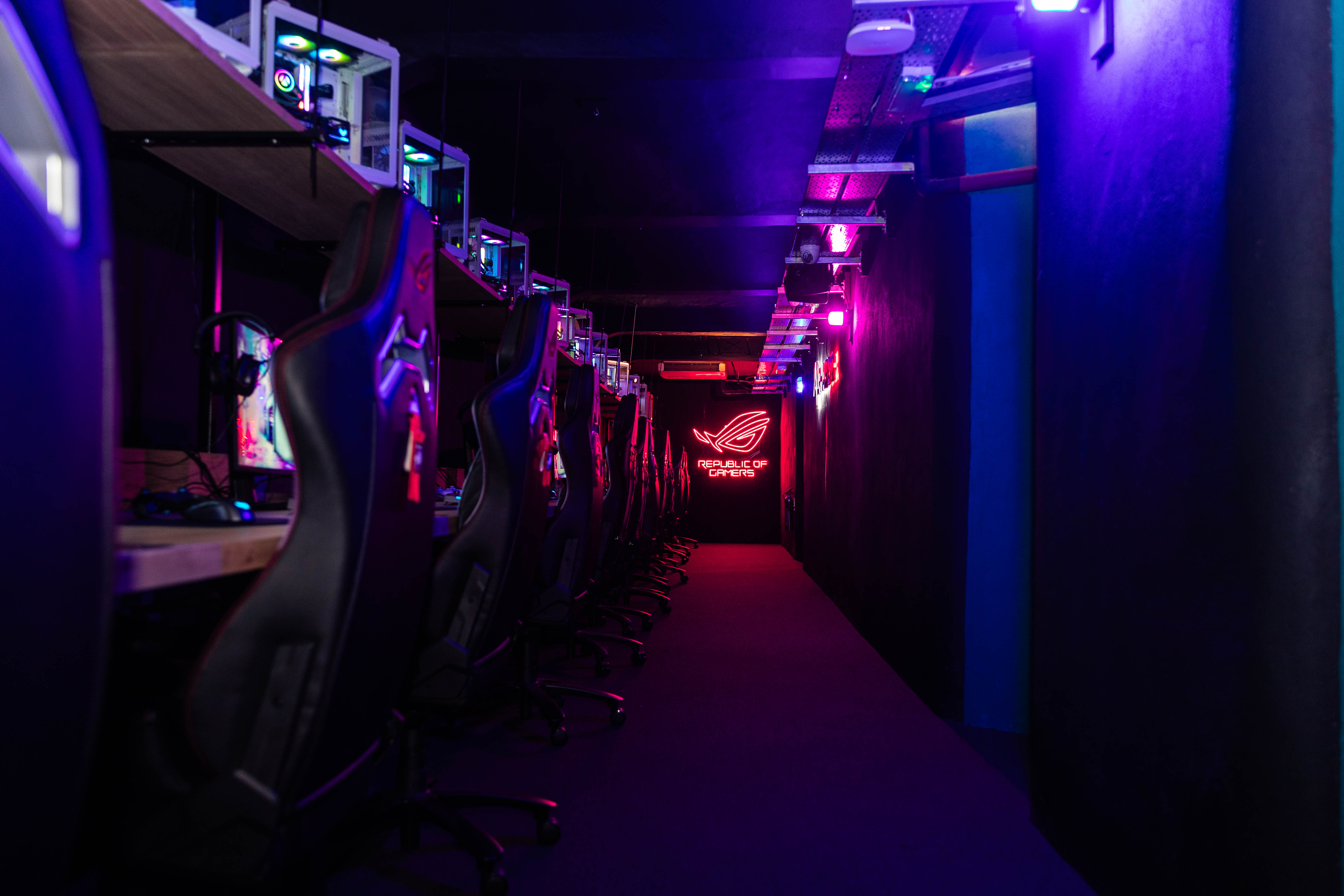 Sleek gaming venue with high-tech stations, ideal for esports tournaments and tech showcases.
