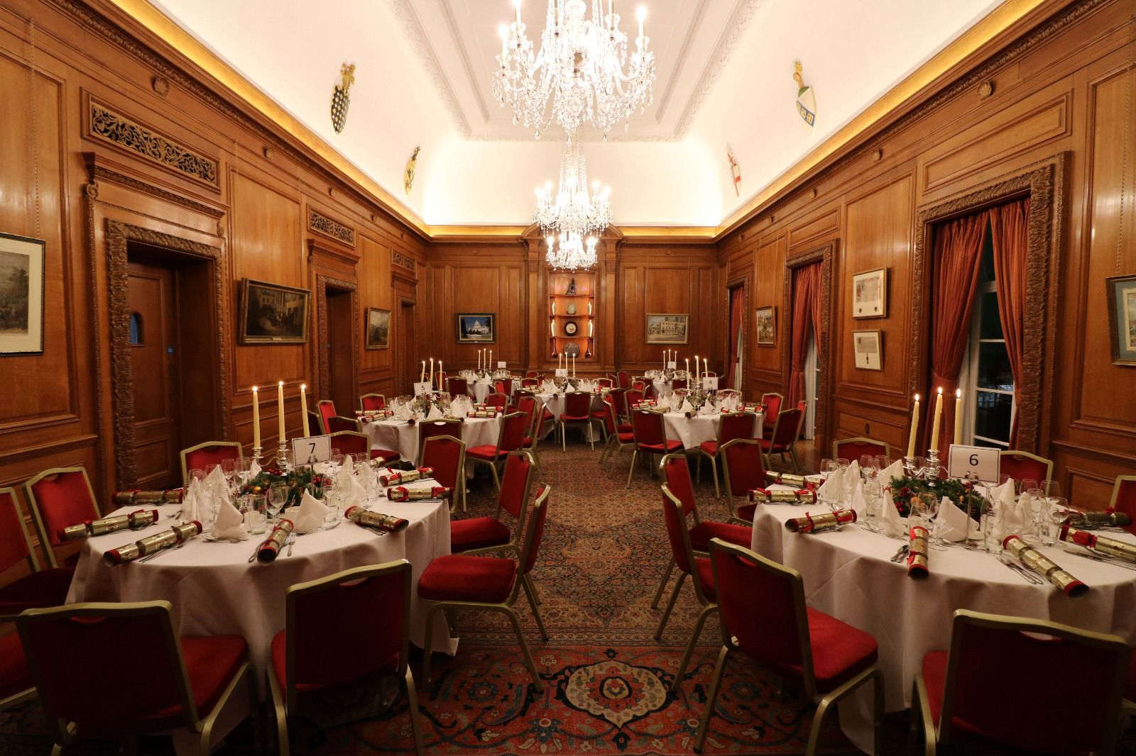 Elegant banquet room at Brewers' Hall, set for a festive corporate Christmas event.