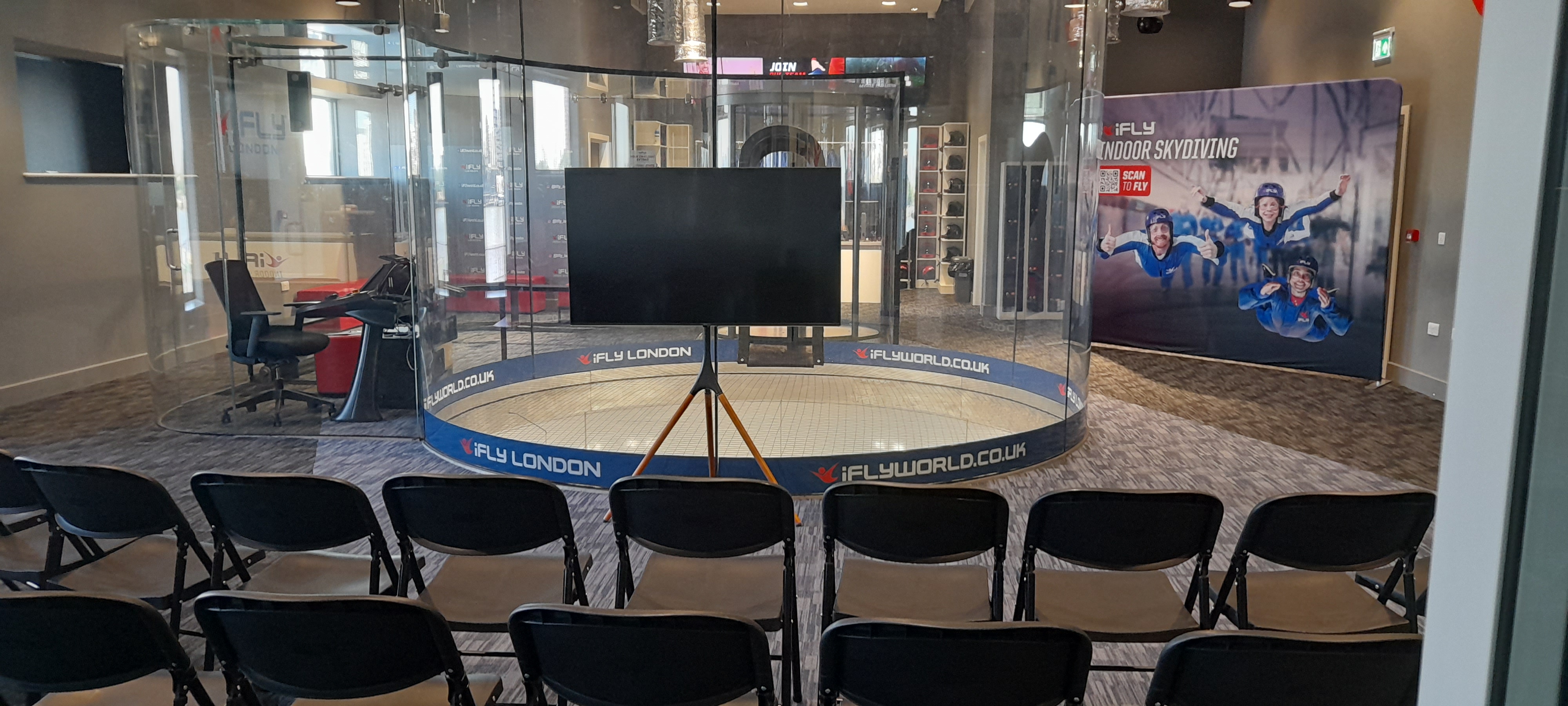 iFLY Indoor Skydiving Flight Deck, modern event space for corporate presentations and team-building.