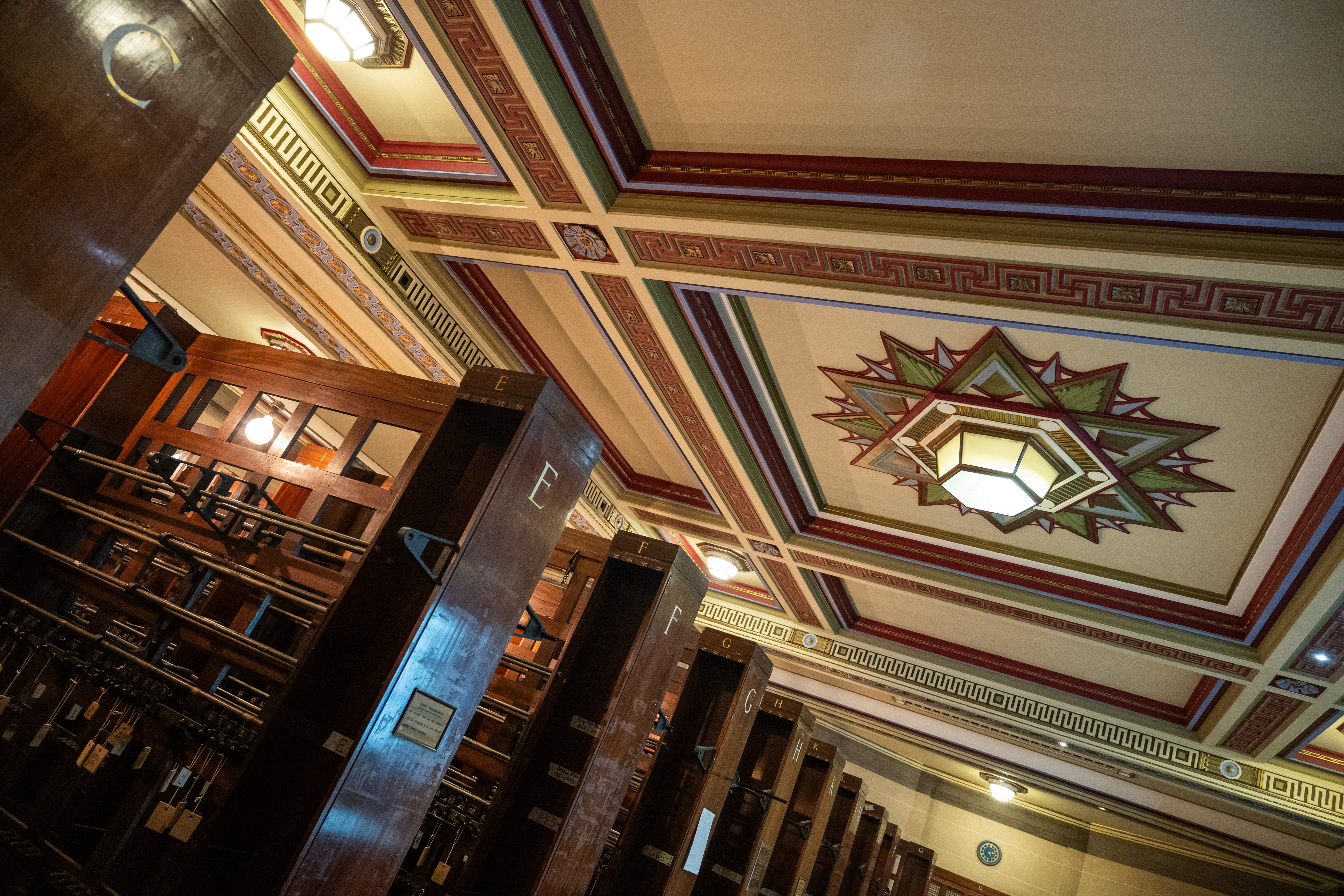 Elegant event space with ornate ceiling in Tower Doors & Foyer, perfect for meetings and gatherings.