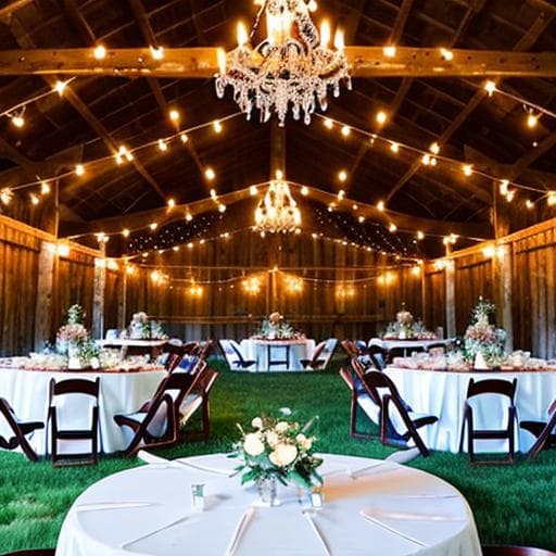 "Elegant barn venue with chandeliers for romantic weddings and gatherings"