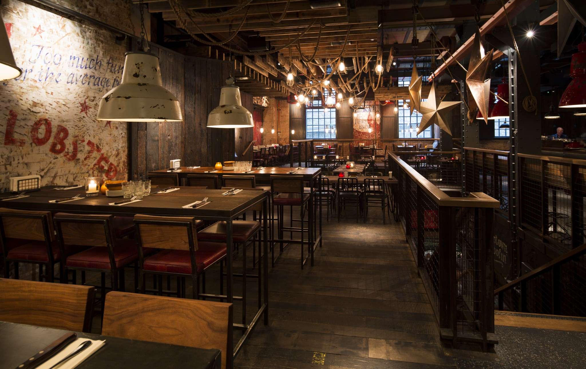 Spacious industrial restaurant venue in Covent Garden for events and gatherings.