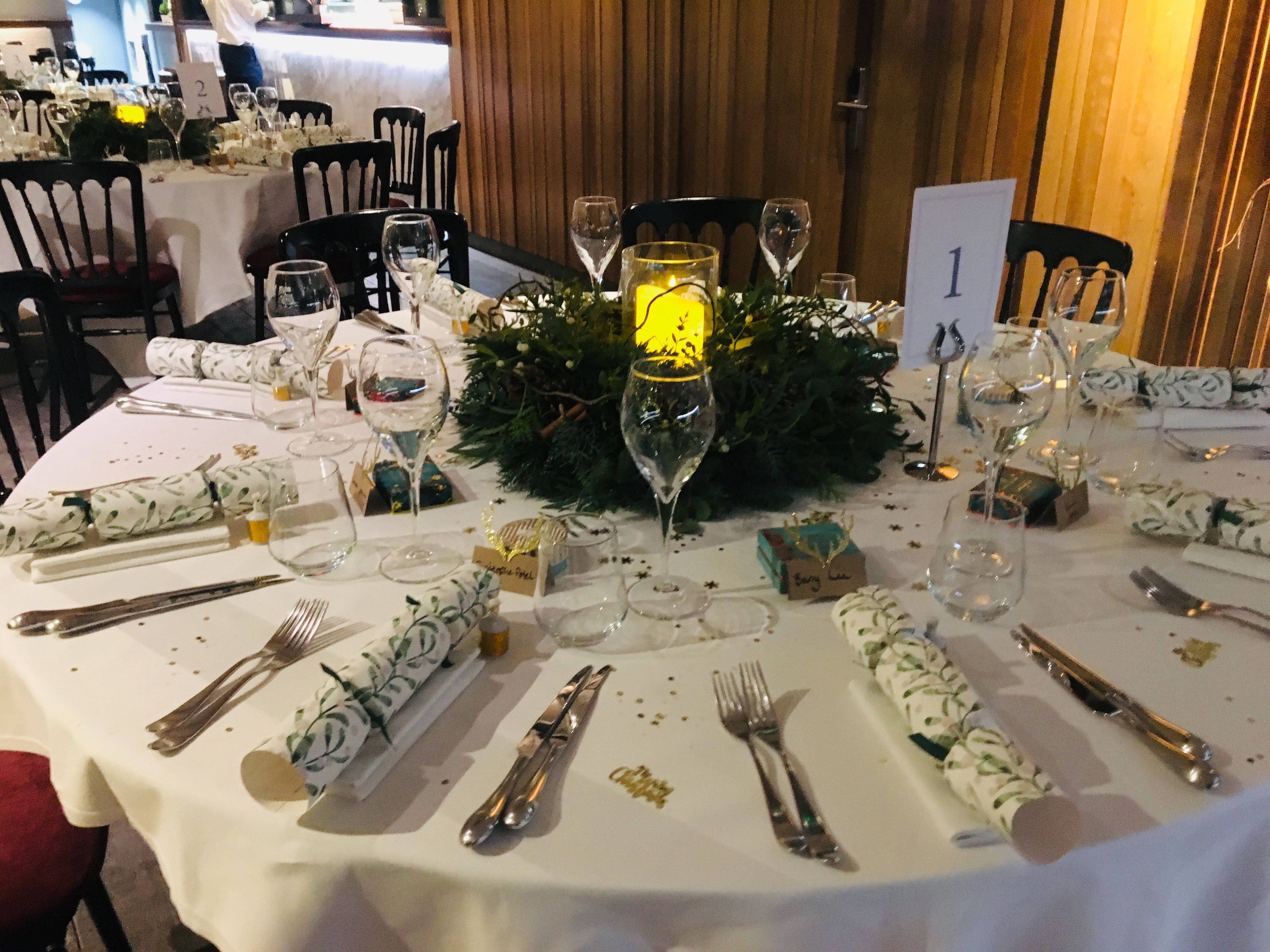 "Elegant dining table setup for Christmas parties at Trafalgar St James Rooftop."