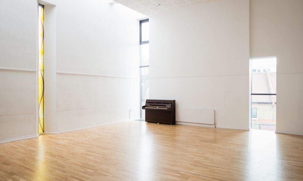 Bright, minimalist event space with large windows in St John's Church Waterloo for corporate functions.