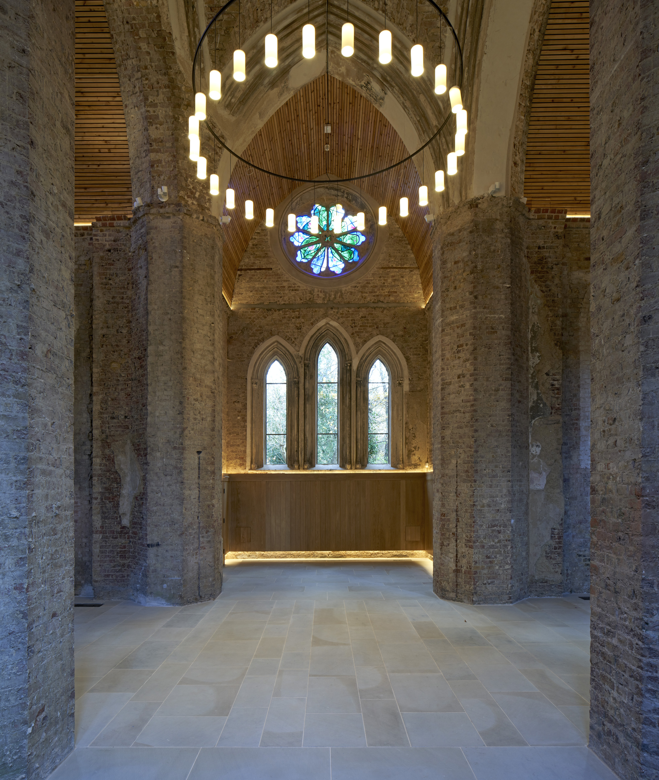 Whole Venue in Abney Park Chapel with stained glass, perfect for weddings and events.