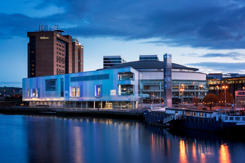 Riverside Foyer at ICC Belfast, modern event venue ideal for conferences and gatherings.