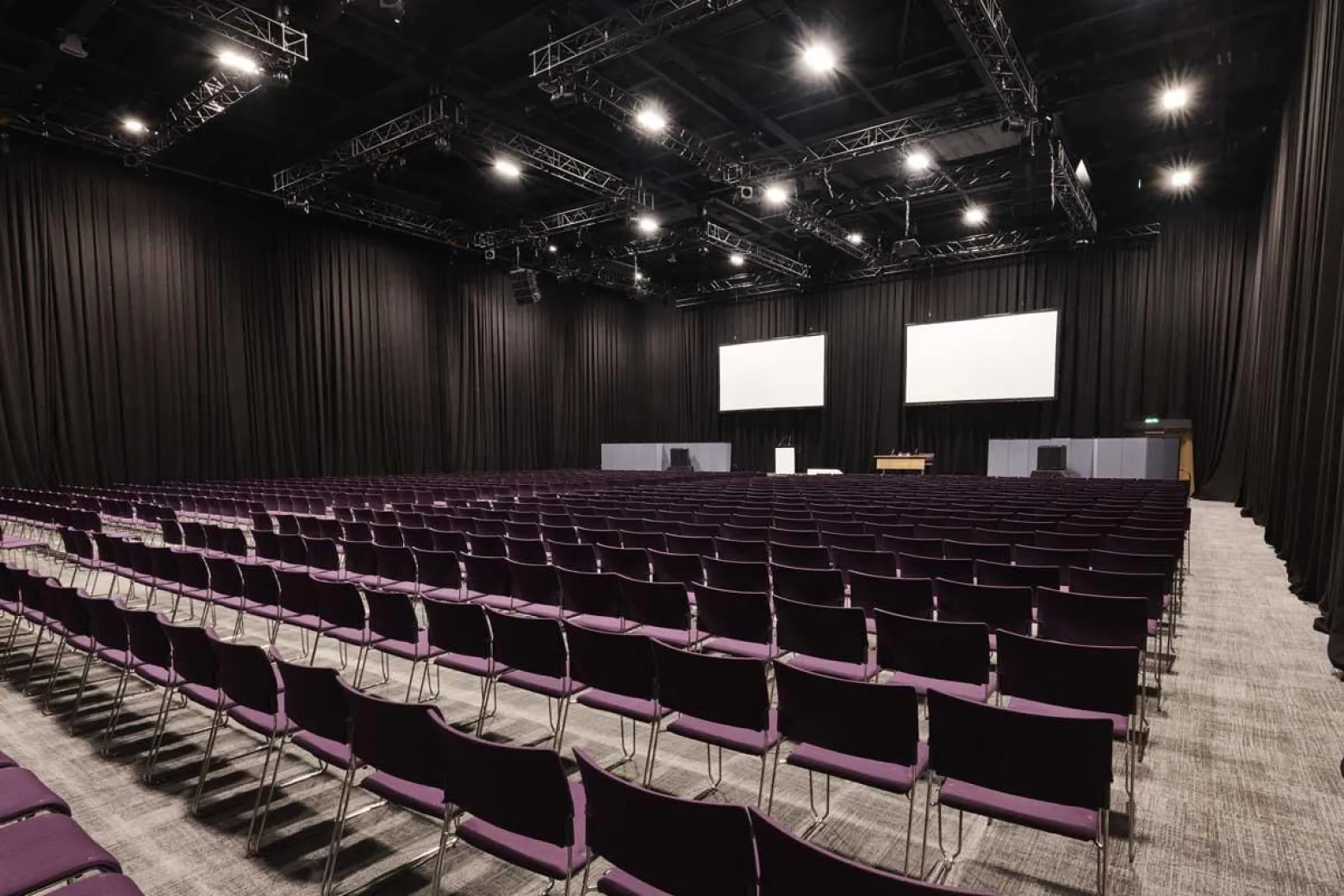 Duke of York conference hall with purple chairs for events in ICC Belfast.