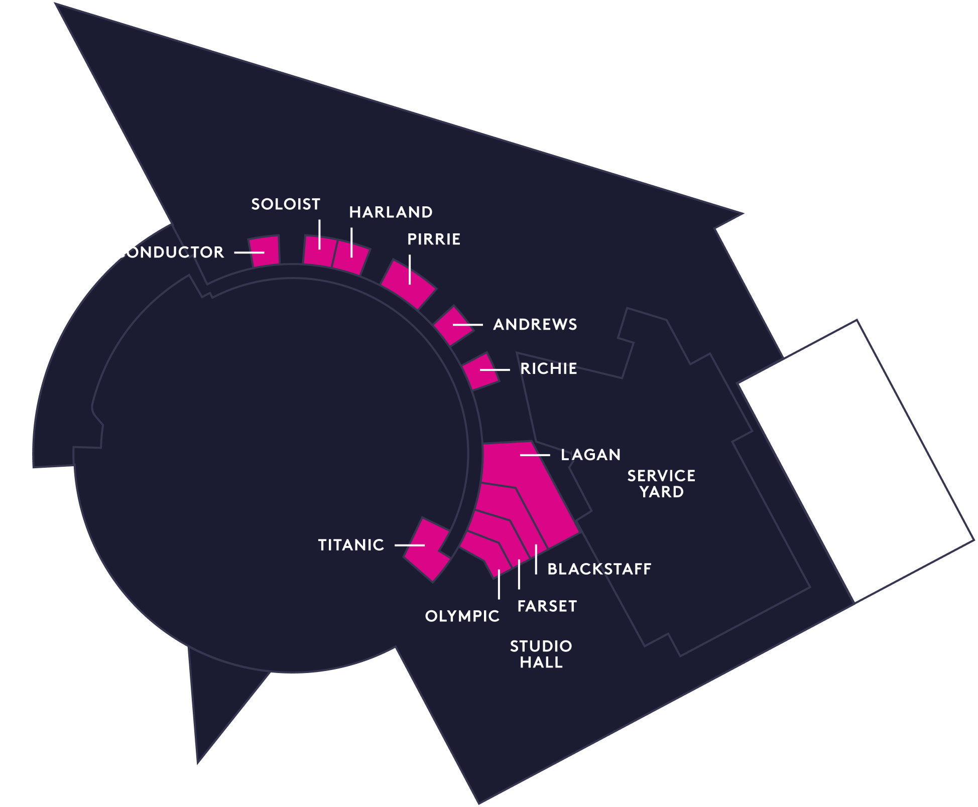 Seating chart at ICC Belfast for events, featuring circular layout and key sections.