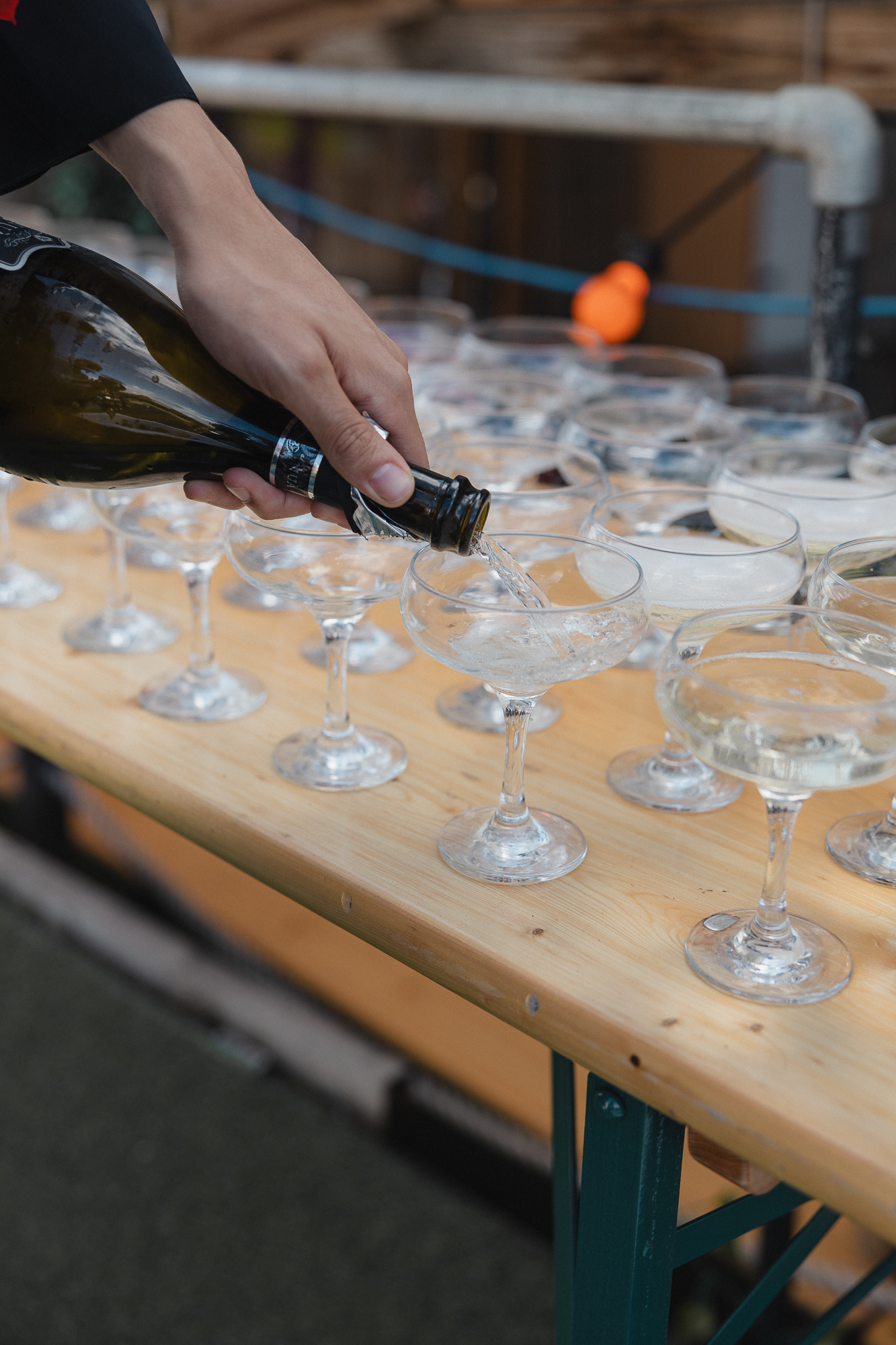 Champagne coupes at Mary Read Boat for elegant wedding or corporate toasts