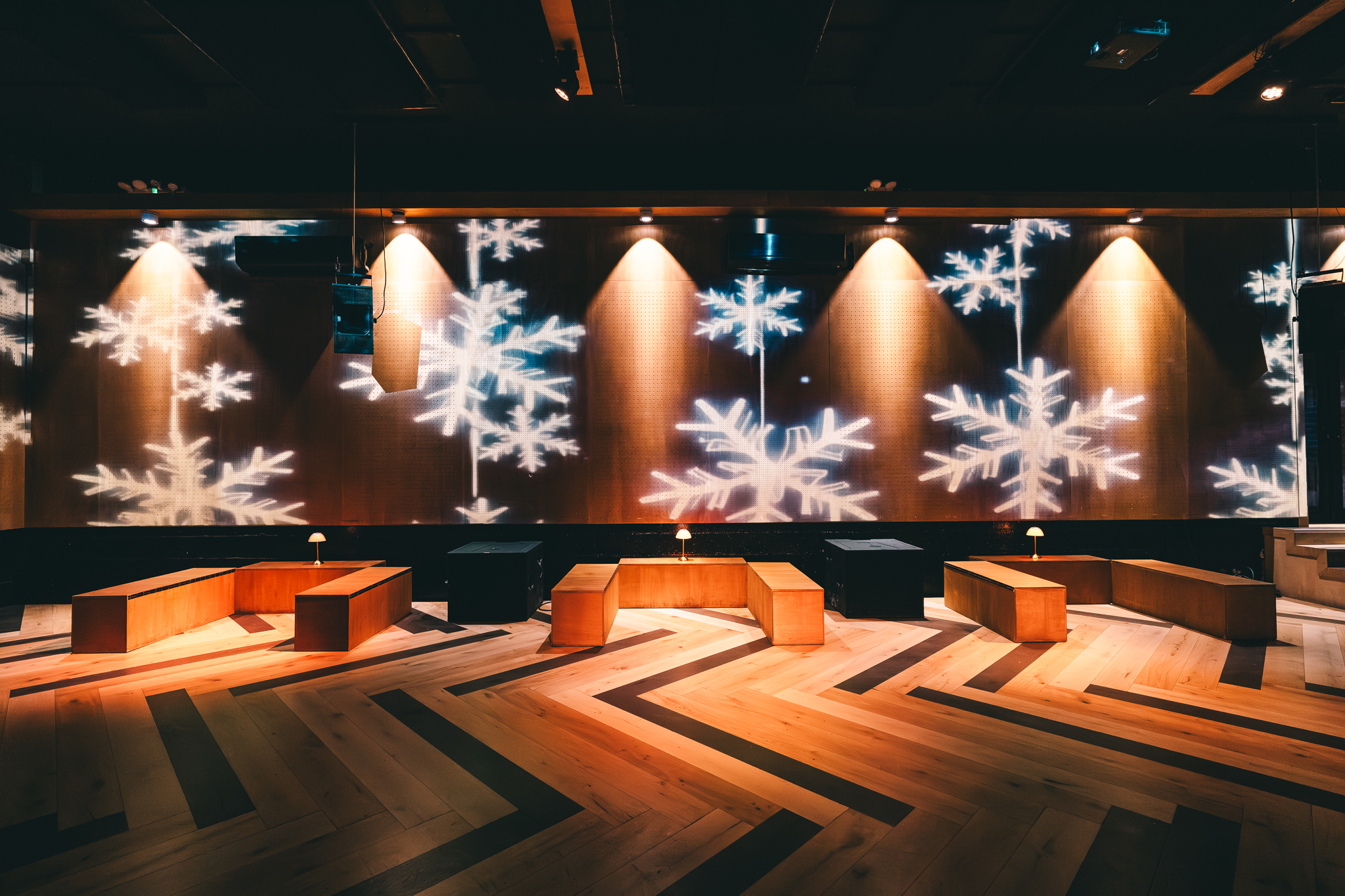 Elegant event space at No90 Hackney Wick, featuring winter-themed decor and modern design.