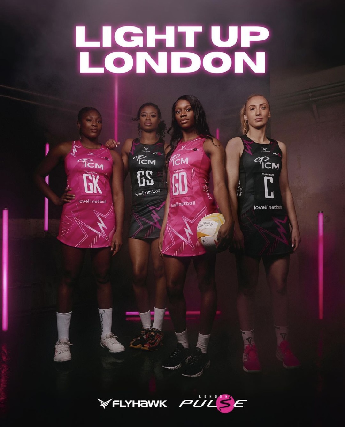 "Netball event promo with athletes in vibrant uniforms, 'LIGHT UP LONDON' tagline."